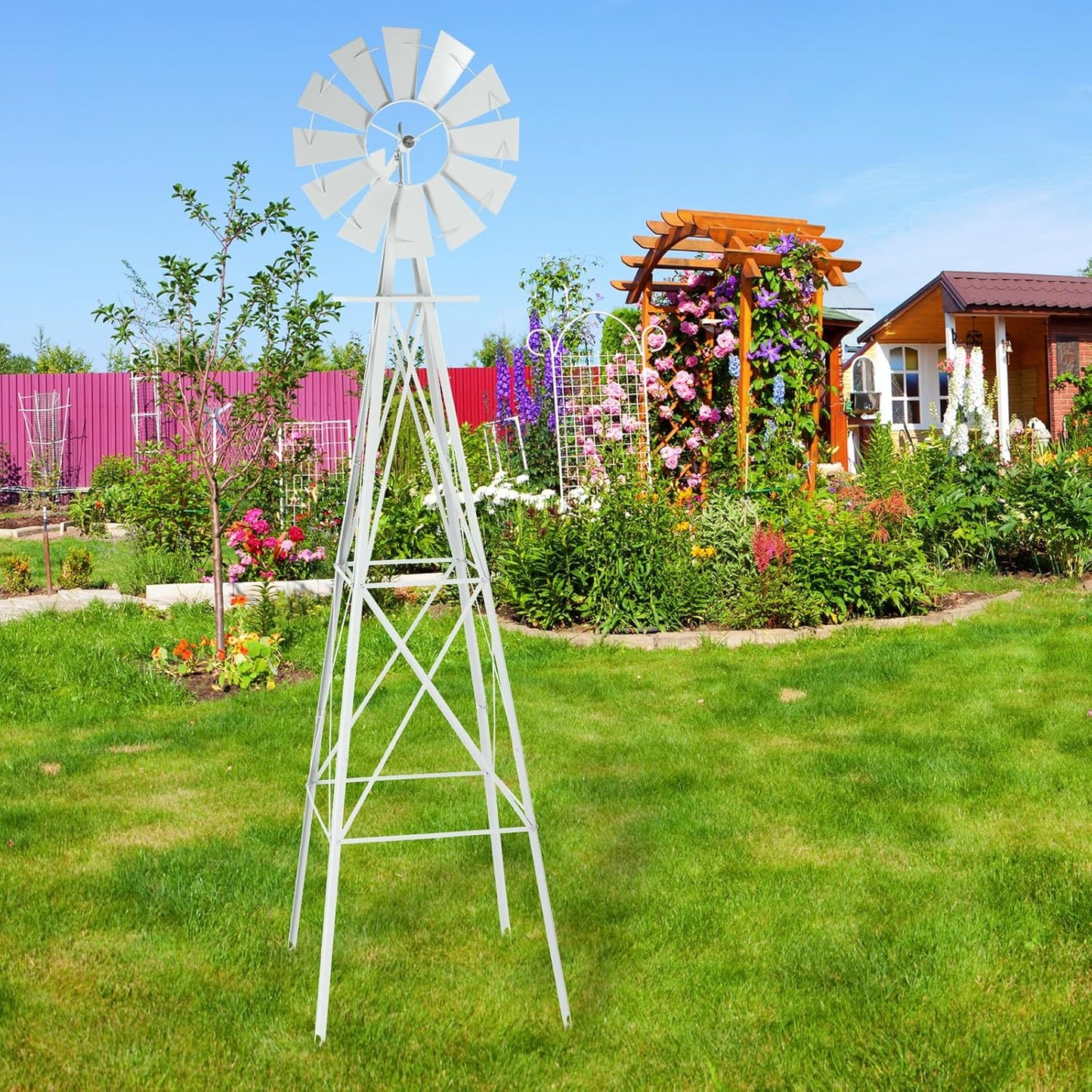 8FT Garden Windmill, Heavy Duty Metal Weather Vane, Yard Ornamental Wind Spinner, Wind Mill Decoration for Backyard Weather Resistant (White, 8ft)