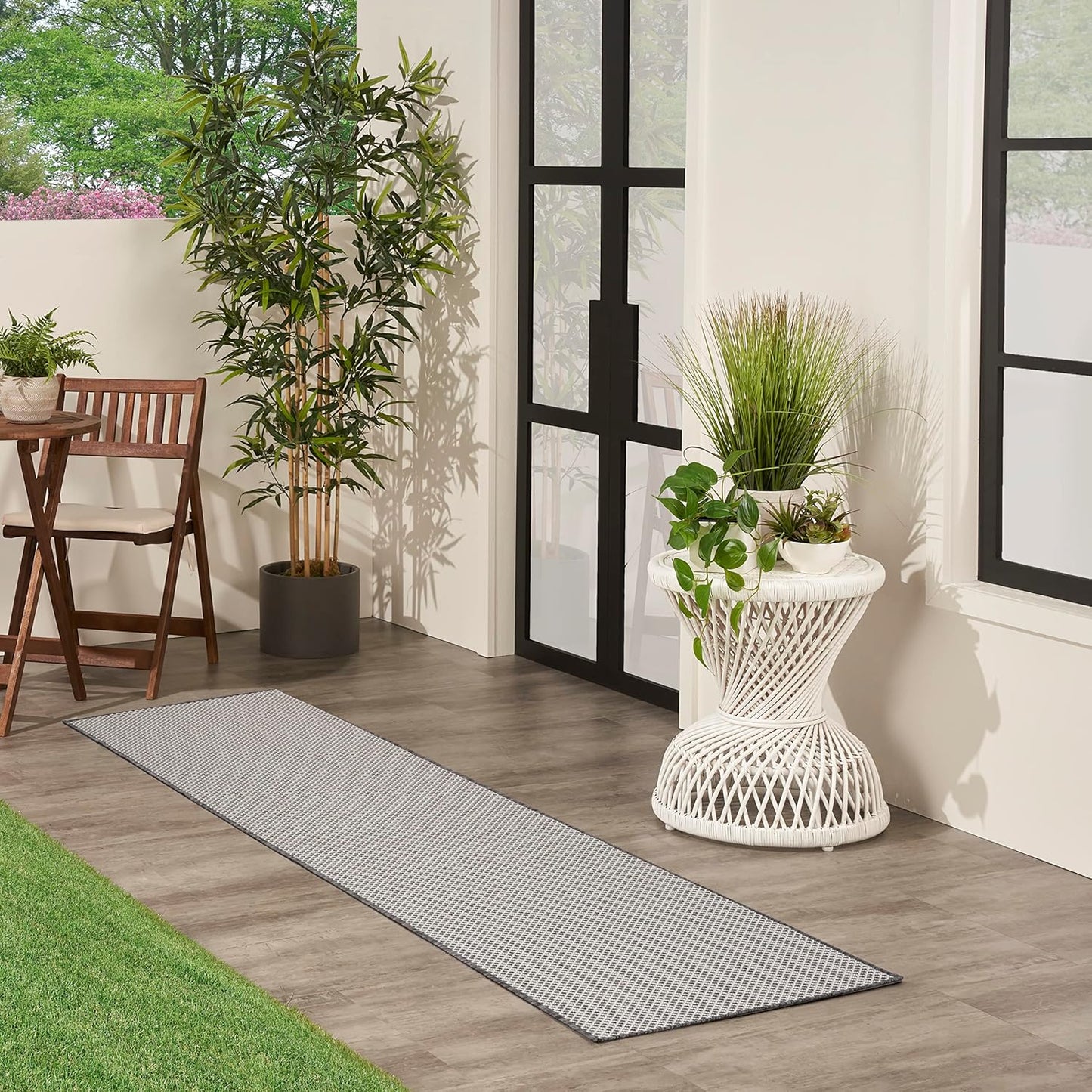 Nourison Home Courtyard 10' Runner Ivory Charcoal Fabric Modern Area Rug (10' Runner)
