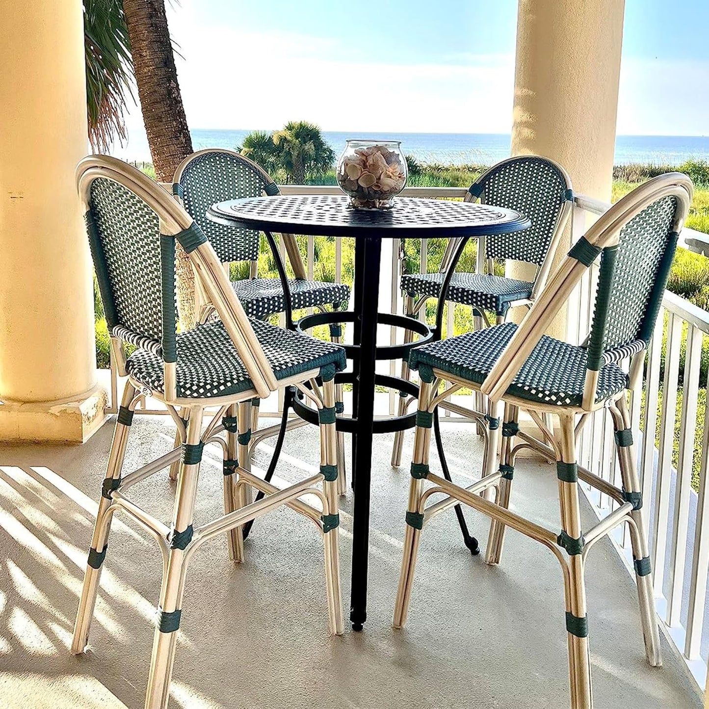 PURPLE LEAF French Counter Height Bar Stool Set of 2 25" White Print Finish Patio Bar Chairs with Back Rattan Bar Chairs French Bistro Set for Kitchen Outdoor Counter Stool Light Blue