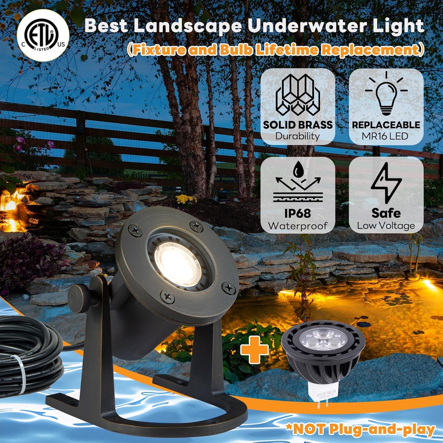 Submersible Pond Light - 12V Low Voltage IP68 Waterproof, Solid Brass Underwater Light with 2700K MR16 LED Bulb, for Water Fountains, Waterfalls, Pool and Outdoor Landscape Lighting(4 Pack)