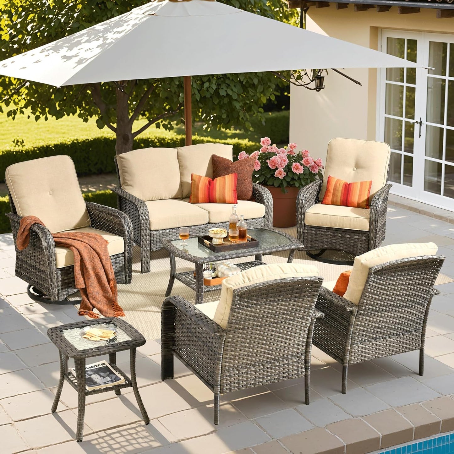 ovios 7 Pieces Patio Furniture Set, Outdoor Wicker Sofa with Swivel Chairs, Coffee Table, All Weather High Back Rattan Loveseat Couch with Comfy Cushions, Beige
