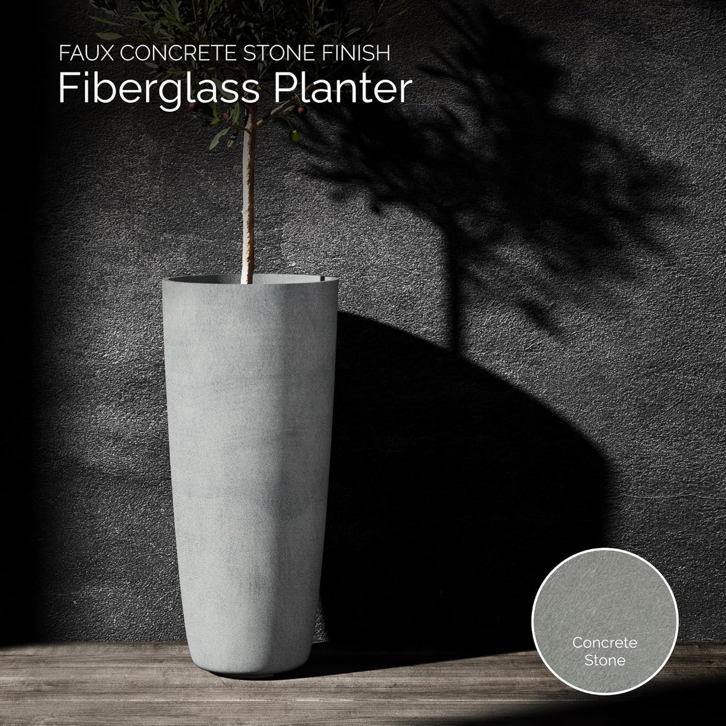 Lofto Tall Planter – Concrete Stone Finish – Fiberglass Indoor/Outdoor and Weather-Resistant Large Planter (19.7" D x 43.7" H Exterior, 18.5" D x 43.3" H Interior)