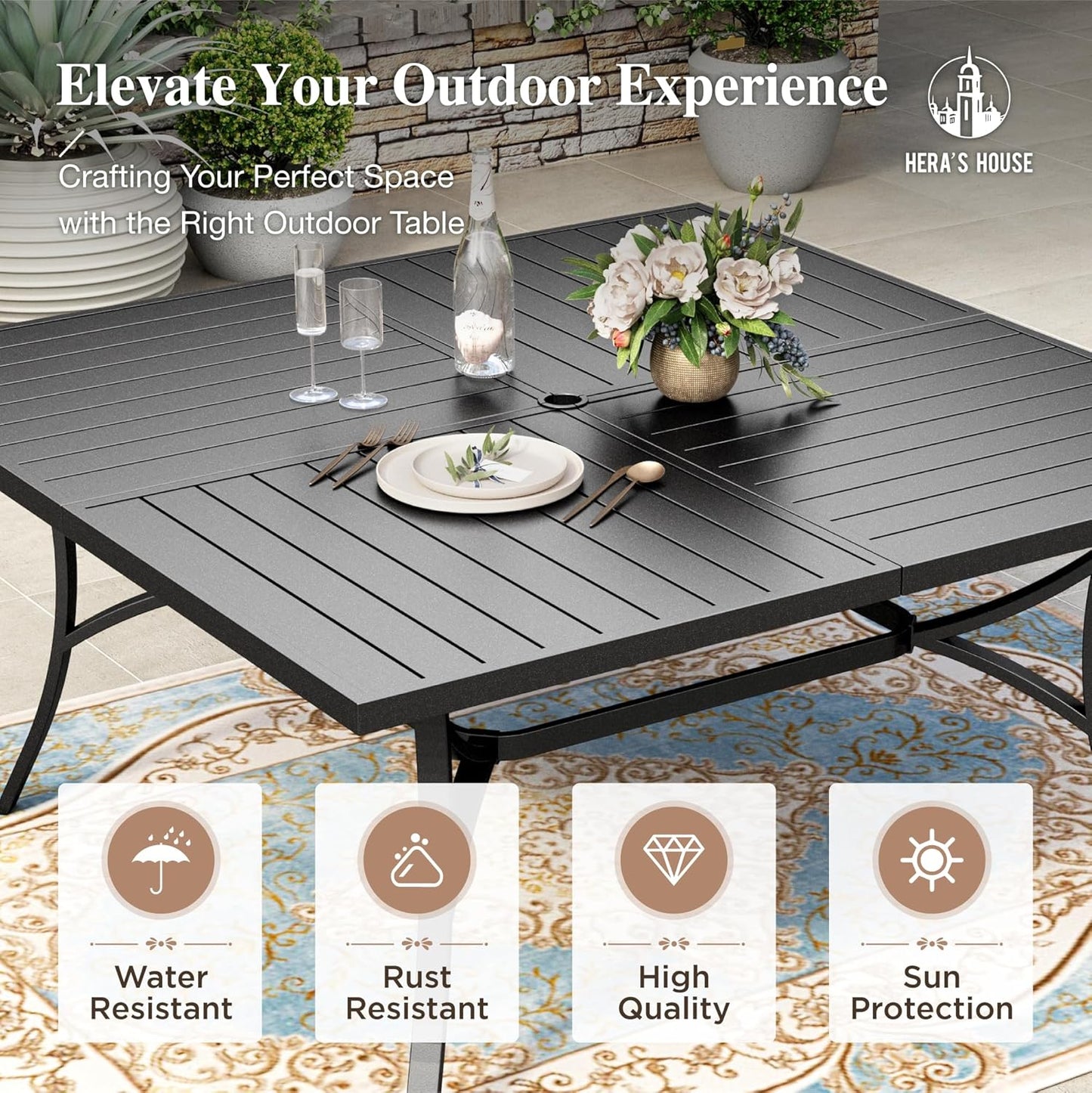 HERA'S HOUSE Patio Dining Set 9 Pieces, Outdoor Table and Chairs Set for 8, 8 x Red Textilene Dining Chair, 60" Square Metal Dining Table with 1.57" Umbrella Hole, for Lawn Garden Backyard Deck