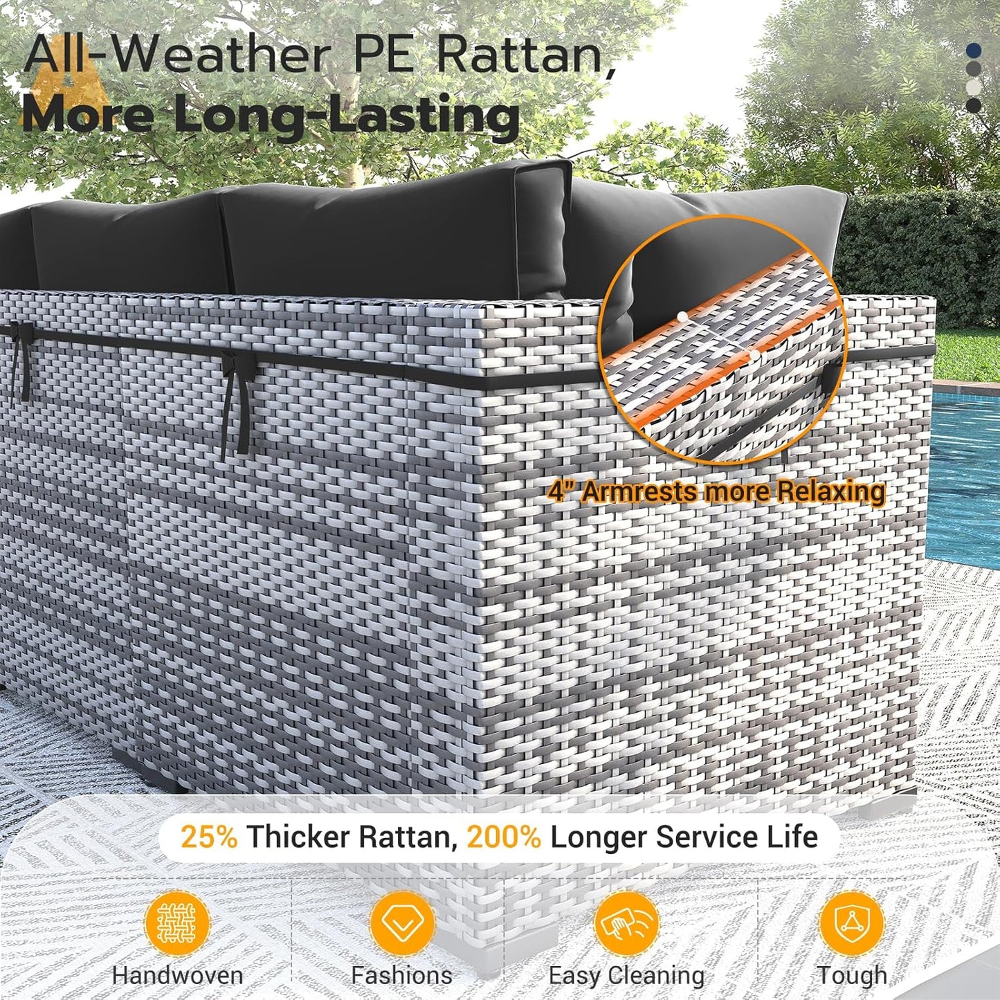 UDPATIO Patio Furniture Set with Fire Pit Table, 8 Piece Outdoor Sectional Modular Sofa, Wicker Outdoor Furniture Conversation Sets with Waterproof Cover for Backyard Deck(Grey/Black)
