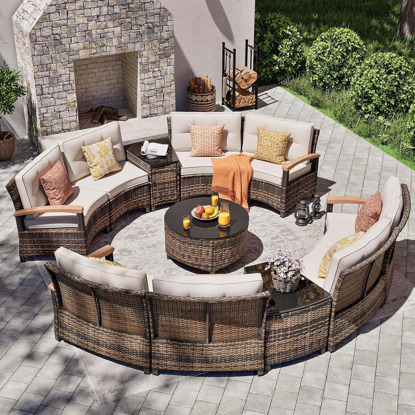 11 Piece Outdoor Patio Furniture Set, Half-Moon Curved Sectional Sofa Rattan Conversation Set with Wood Armrests, Coffee Table & 2 Side Table（Brown）