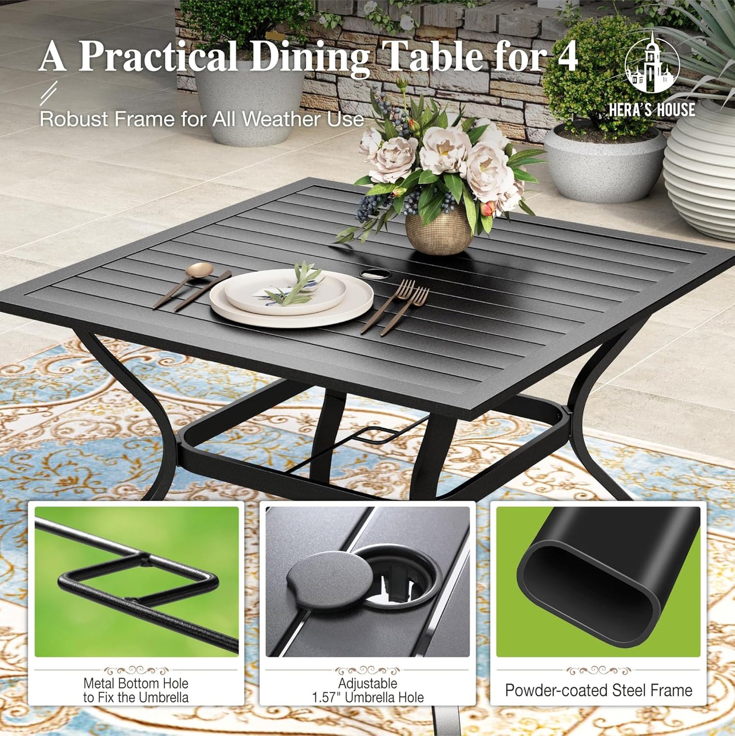 HERA'S HOUSE Patio Table and Chairs Set, 5 Pieces Outdoor Dining Set for 4, 4 x Brown Textilene Dining Chair, 37" Square Metal Dining Table with Umbrella Hole for Lawn Garden Backyard Deck