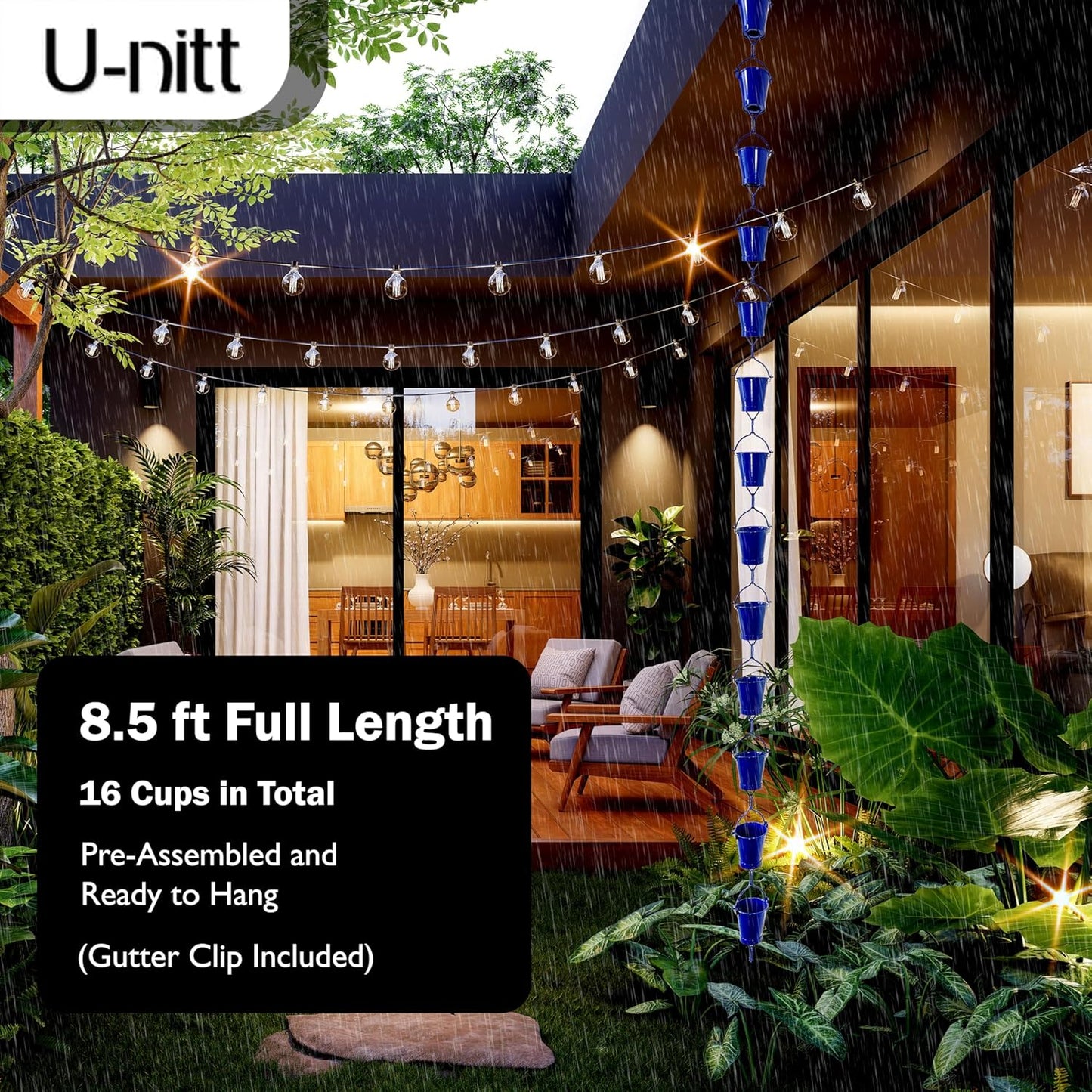 U-nitt Rain Chain Water Collection for Gutters, Rainwater Catcher & Diverter, 8.5 FT Chains for Outside Garden, Blue Bucket Cups, Roof Downspout, Works with Heavy Rain, w/Gutter Clip for Rainchains