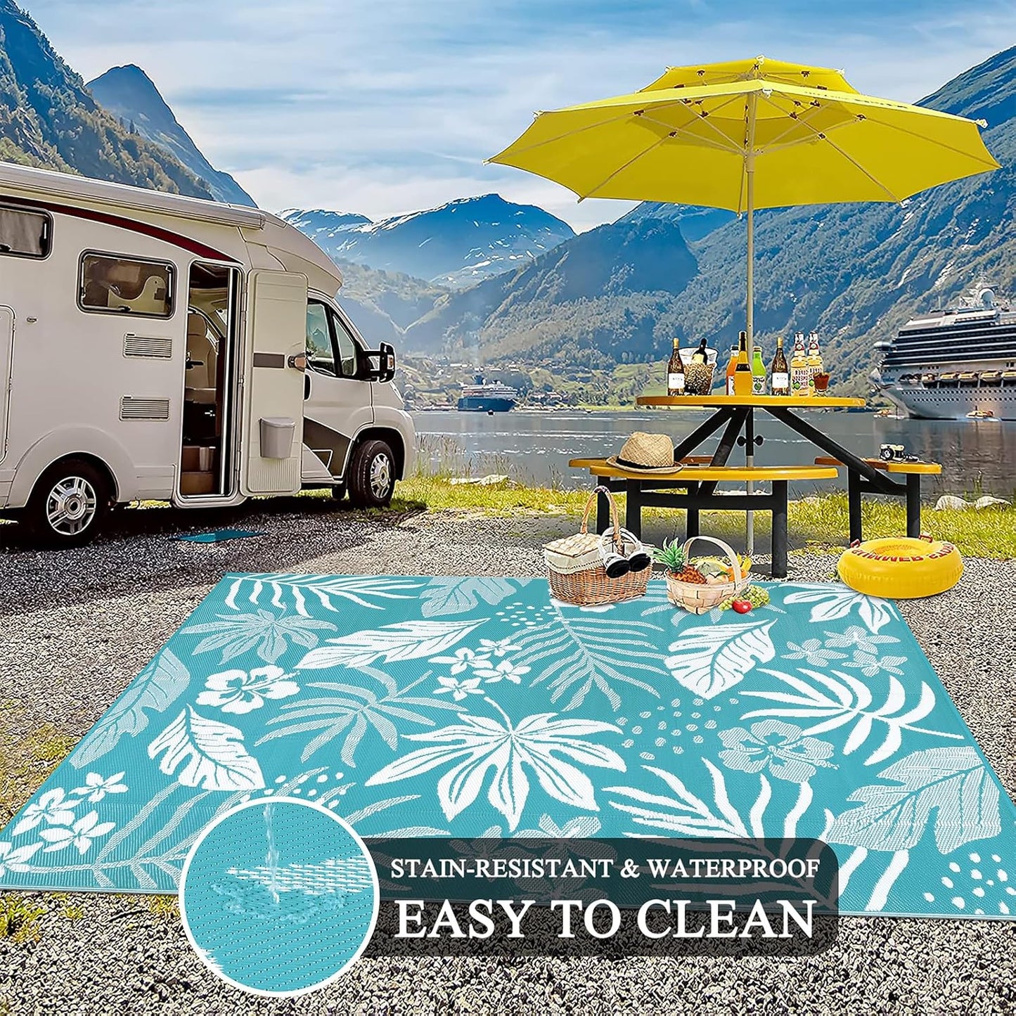 Pauwer Waterproof Outdoor Rug 9x12, Reversible Plastic Straw Patio Camping Rug, Indoor Outdoor RV Mat Carpet for Deck, Camper, Porch, Balcony, Backyard, Picnic, Floral Teal