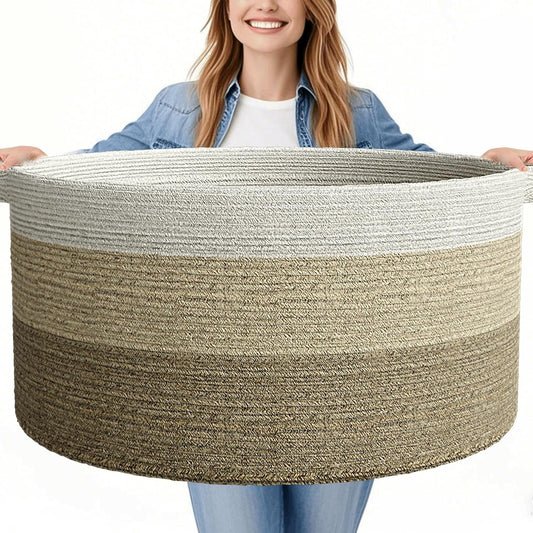 125L Extra Large Blanket Basket, 25" x 16", Jumbo Laundry Woven Basket Decorative Home, Cotton Rope Basket with Handles, Baby Toy Basket for Storage, Gradual Brown, 2PC