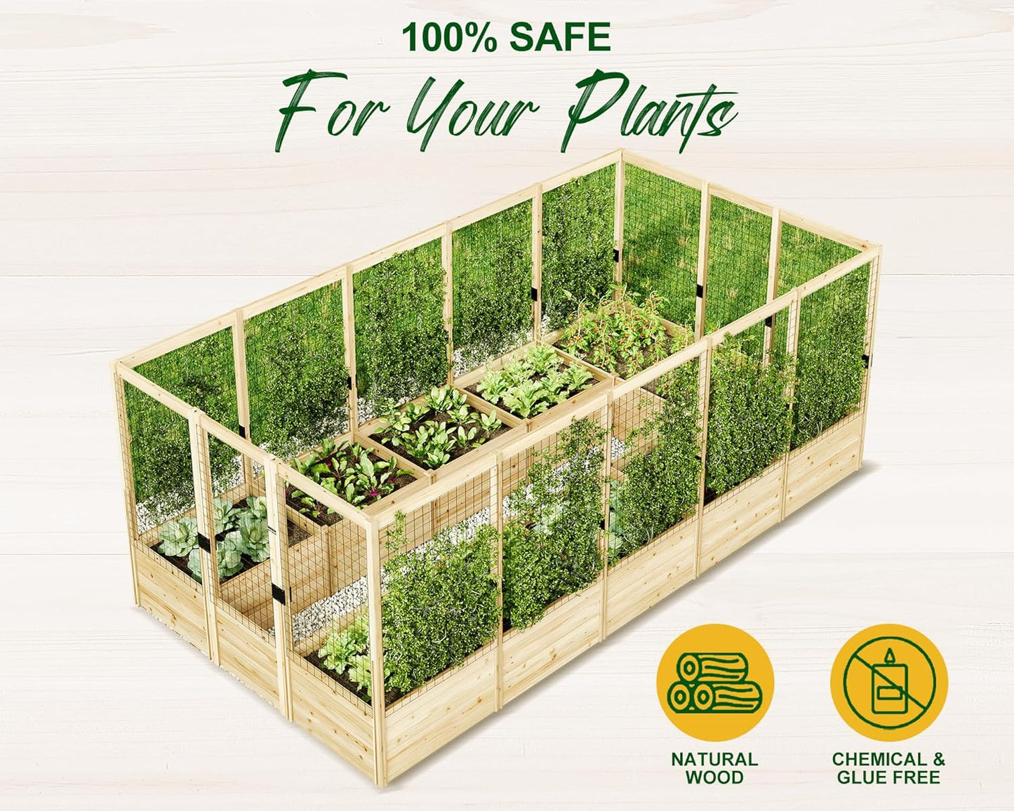 AMERLIFE U-Shaped Raised Garden Bed with Deer Proof Fence, 7.5Wx15Dx6H Outdoor Wooden Raised Garden Bed Planter with 19" Depth Planter Box