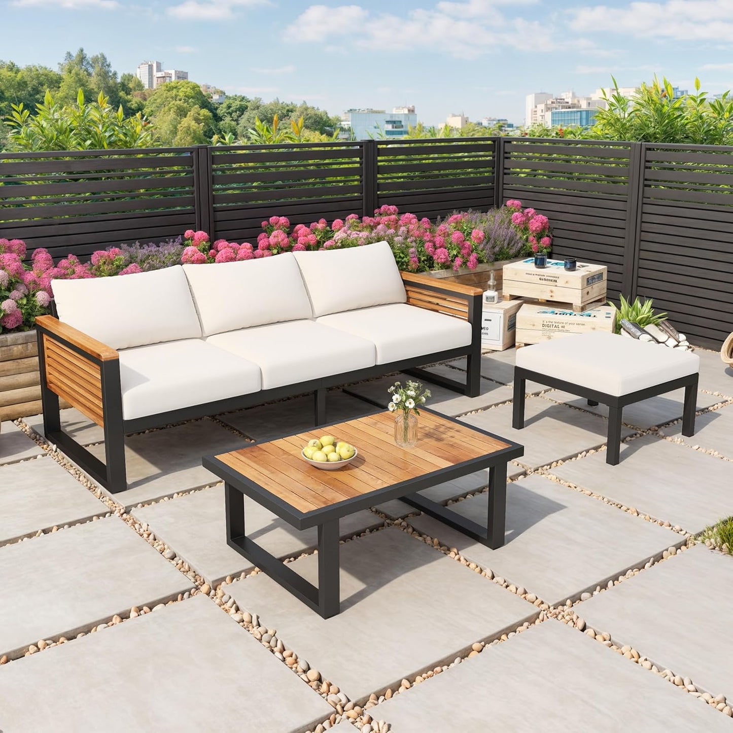 Patio Furniture Set, Outdoor 3-Piece Acacia Wood and Metal Patio Sofa Set, L-Shape Conversation Sofa with Coffee Table and Ottoman for Garden, Poolside, Backyard
