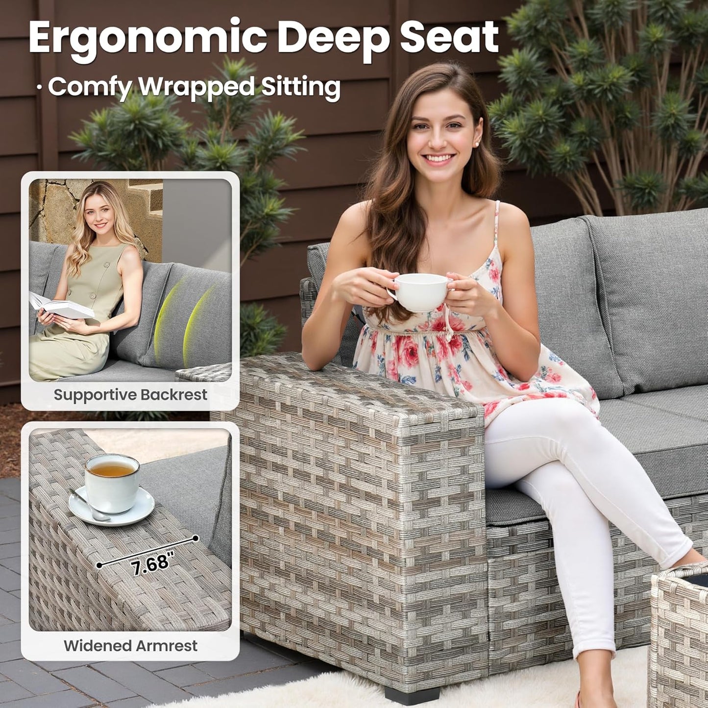ovios 7 Pieces Patio Furniture Set, Outdoor Wicker Sectional Sofa with 30 Inch Fire Pit Table Comfy Cushions, Modern Modular Deep Seat Rattan Couch Conversation Set, Dark Grey