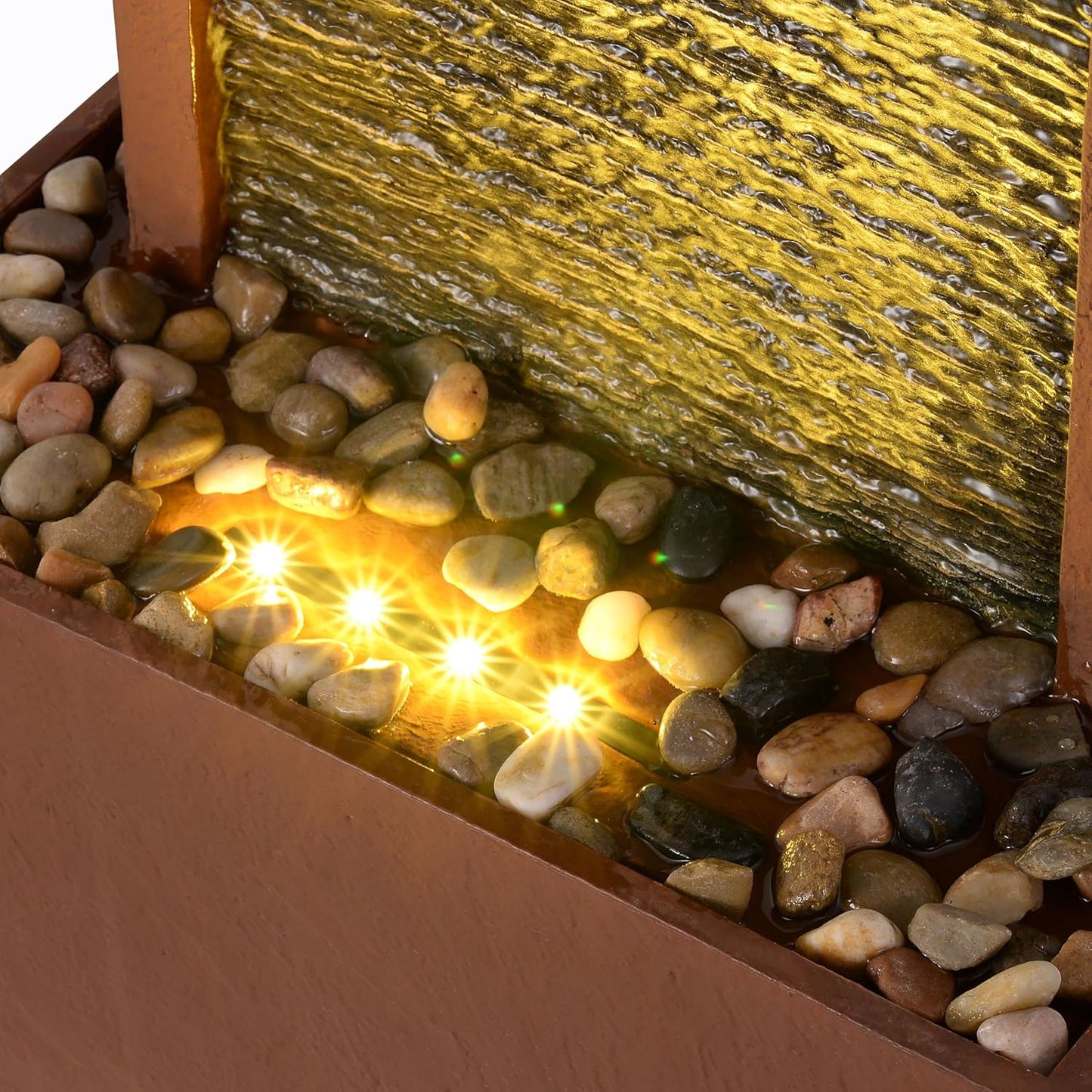 Teamson Home 38.5" Faux Slate Contemporary Outdoor LED Waterfall Fountain with Pebble Base, Red Rock