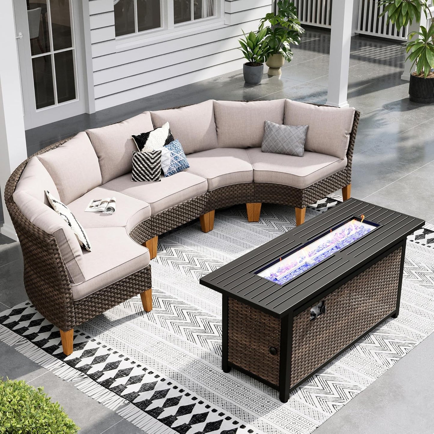 Sophia & William Patio Furniture Set with Fire Pit Table, 6 Piece Half Moon Outdoor Wicker Sectional Sofa Set, Rattan Conversation Set with 56-Inch Fire Pit Table for Backyard, Deck, Pool(Beige)