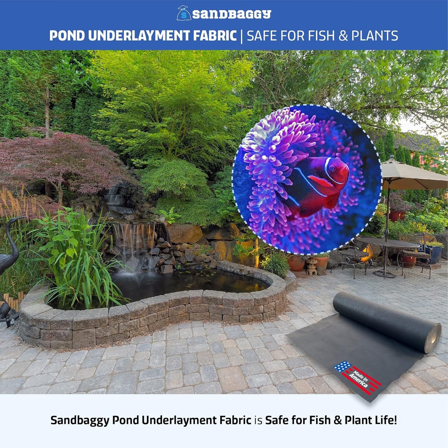 Sandbaggy Geotextile Pond Underlayment Padding | Made in USA | 50 YEAR Life* | Non Woven Fabric Protects Pond Liner From Damage | Made of Industrial Grade DOT Approved Fabric (15 ft x 15 ft or 225 sq ft)