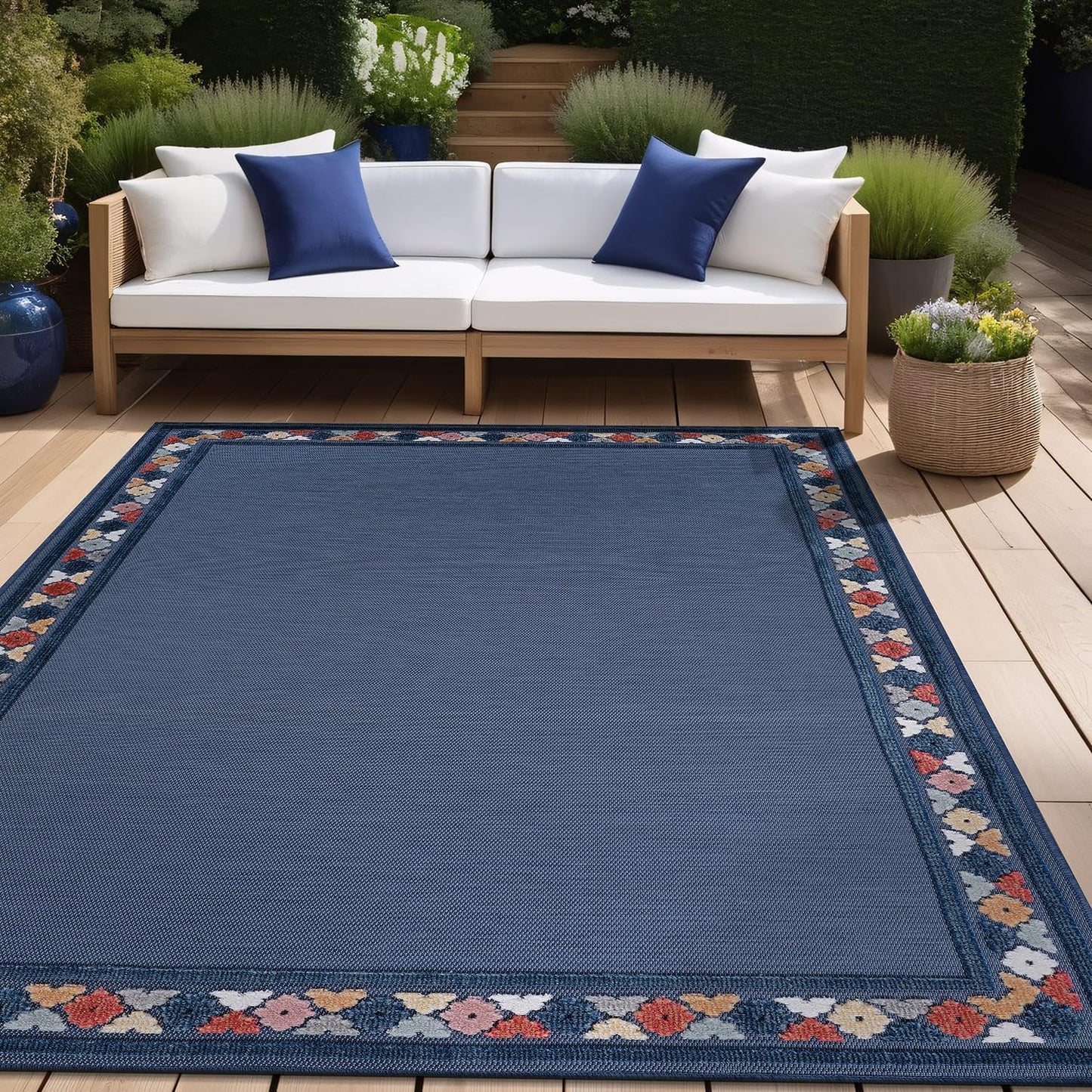 Beverly Rug Outdoor Rug 4x6 Modern Bordered Area Rugs for Indoor and Outdoor Patio Easy to Clean Non Shedding Living Room Porch Garden Washable Outside Carpet (4 x 6 Blue)