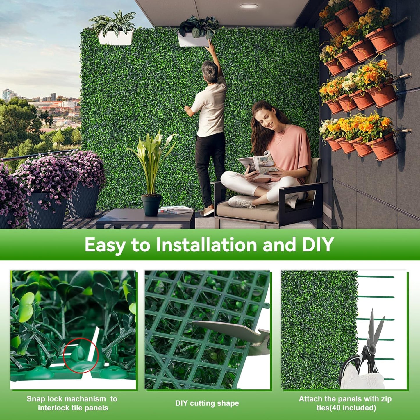 Artificial Boxwood Roll,48x120 in(40 sqft) UV-Anti Faux Ivy Grass Wall Backdrop for Balcony Privacy, Fake Grennery Wall Decor for Garden, Patio, Backyard