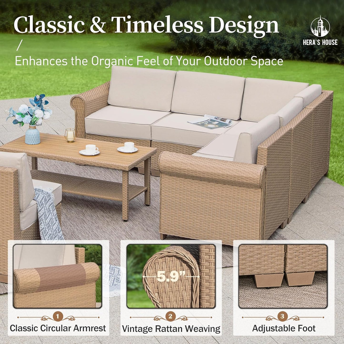 HERA'S HOUSE Patio Furniture Set, All Weather 6 Seats Outdoor Sectional Wicker Sofa with 44" Coffee Table, 5.5" Thick Waterproof Cushion 7 Pieces Modular Conversation Sofa Set for Garden Deck Backyard