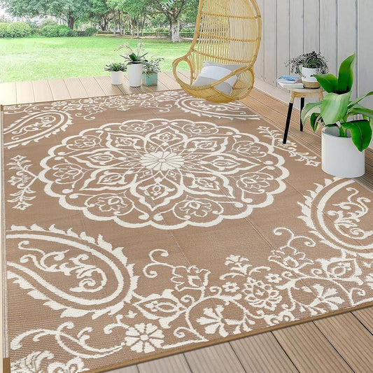 Pauwer Waterproof Outdoor Rug 6x9, Reversible Plastic Straw Patio Camping Rug, Indoor Outdoor RV Mat Carpet for Deck, Camper, Porch, Balcony, Backyard, Picnic, Boho Brown