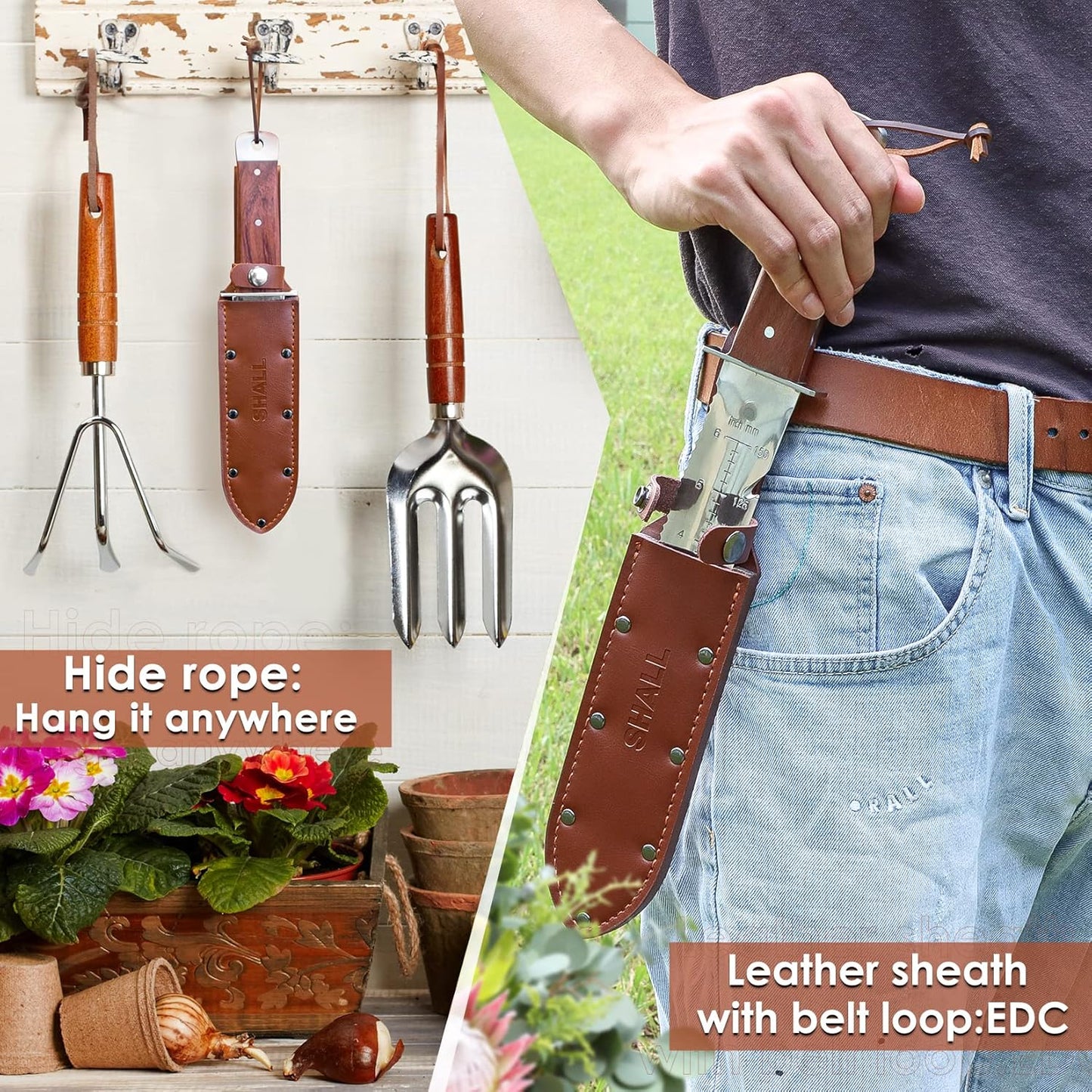 SHALL Hori Hori, Japanese Garden Knife, Soil Knife with Leather Sheath, Rosewood Handle & Hide Rope, 7” Stainless Steel Blade, Rope Cutting Edge, for Digging, Weeding, Planting, Full-Tang