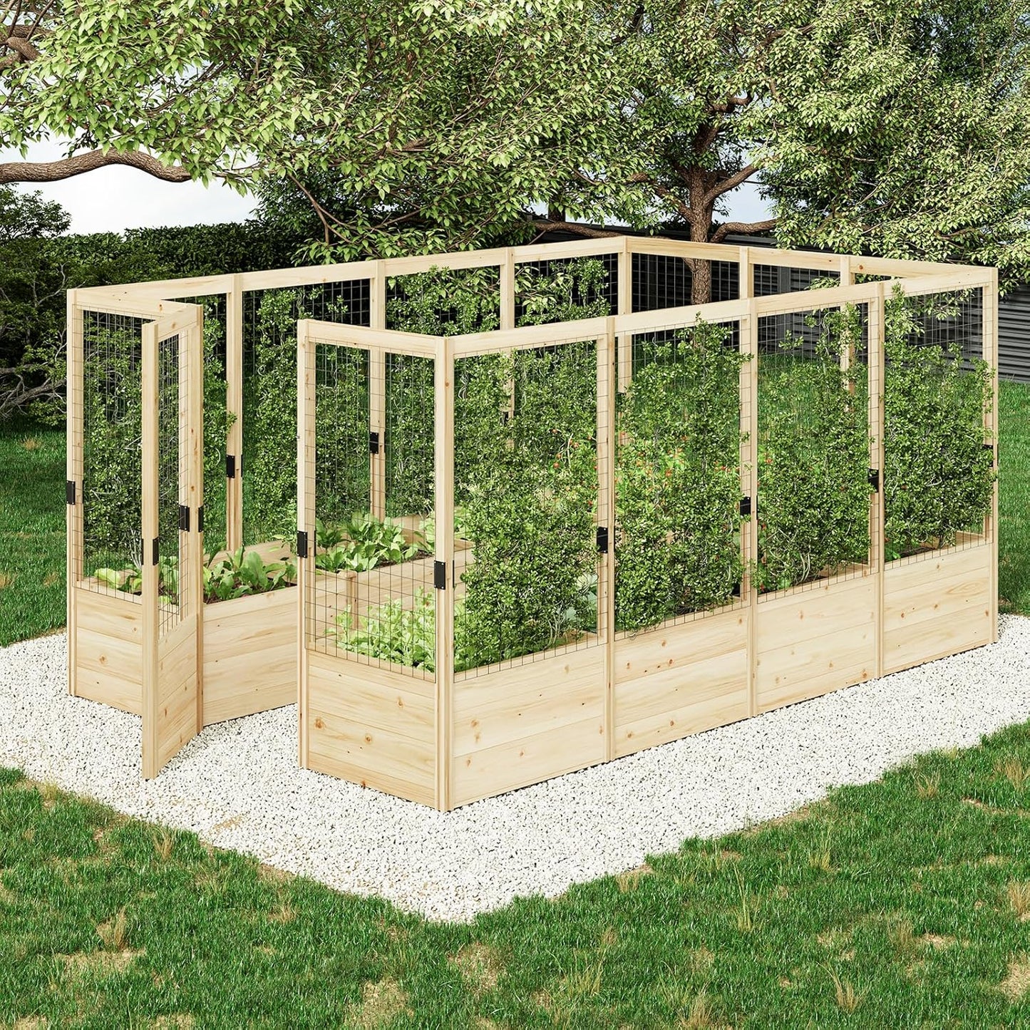 AMERLIFE Raised Garden Bed with Deer Proof Fence, 7.5Wx12Dx6H Outdoor Wooden Raised Garden Bed Planter with 19" Depth Planter Box