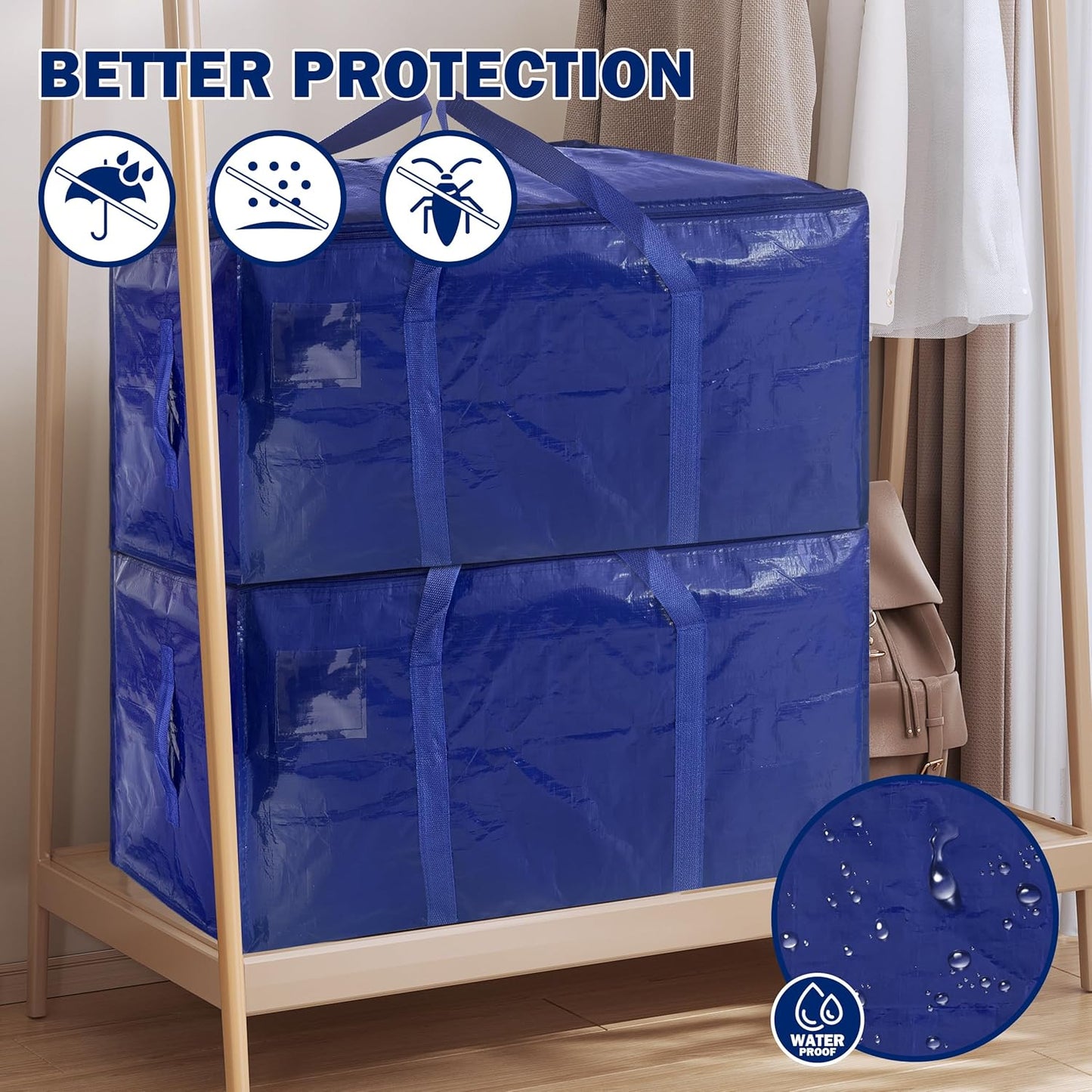 12 Pack Extra Heavy Duty Large Moving Bags with Strong Zipper & Carrying Handles, Sturdy Clothes Storage Bag Totes Bins, Packing Bags Moving Boxes College Moving Supplies, Dark Blue - 33 gal