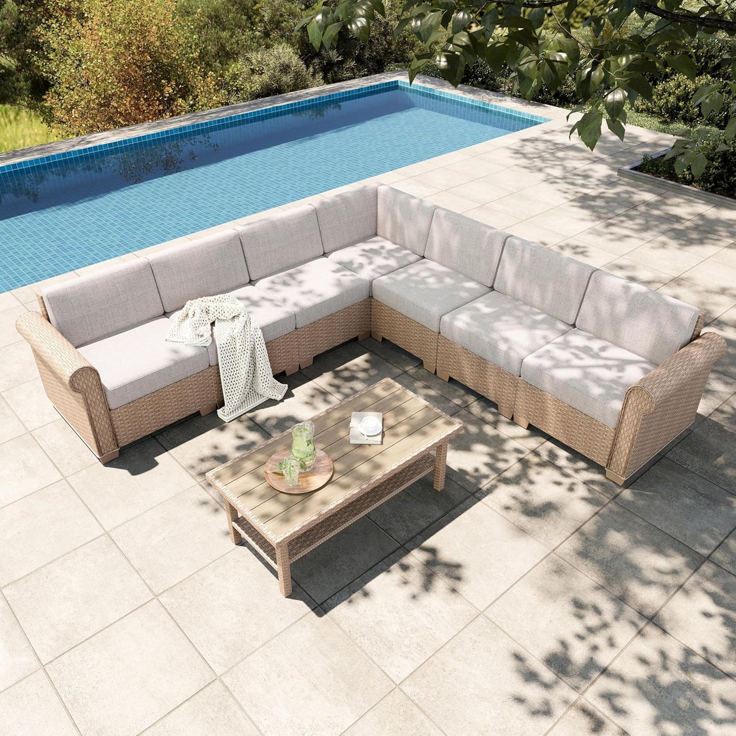 HERA'S HOUSE Patio Furniture Set, All Weather 7 Seats Outdoor Sectional Wicker Sofa with 44" Coffee Table, 5.5" Thick Waterproof Cushion 8 Piece Modular Conversation Sofa Set for Garden Deck Backyard