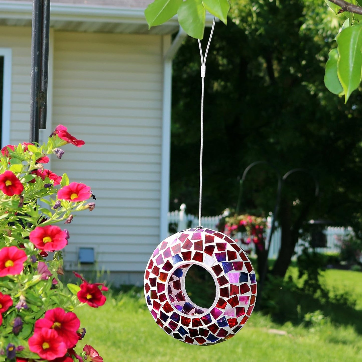 Sunnydaze 6-Inch Glass Mosaic Hanging Bird Feeder for Outdoors - Fly-Through Wild Bird Feeder - Crimson Mosaic