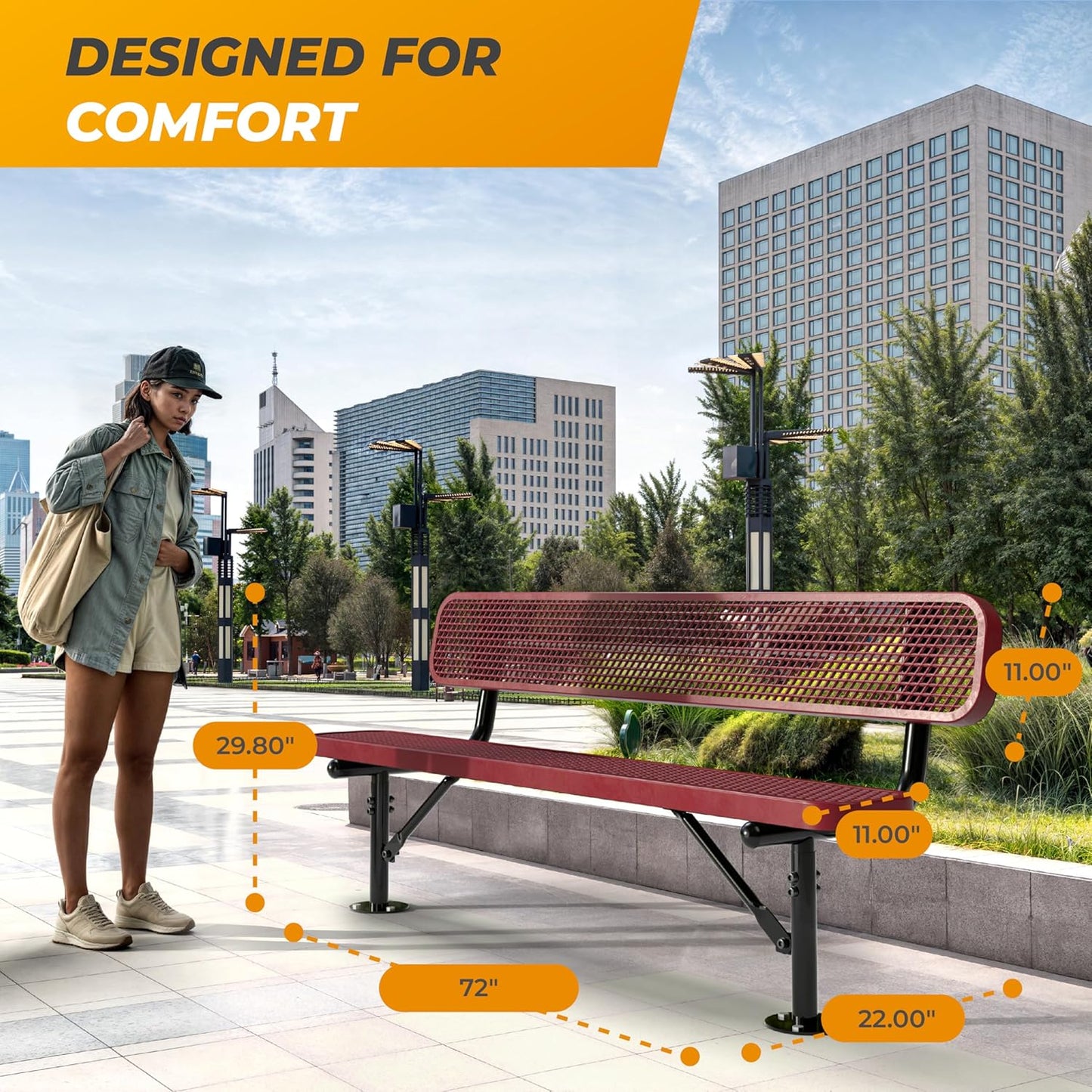 Heavy-Duty Outdoor Metal Bench, Thermoplastic-Coated, Surface, Weatherproof, Commercial-Grade for Parks, Gardens, Patios, Stores & More (6 Ft - Surface with Back, Red)