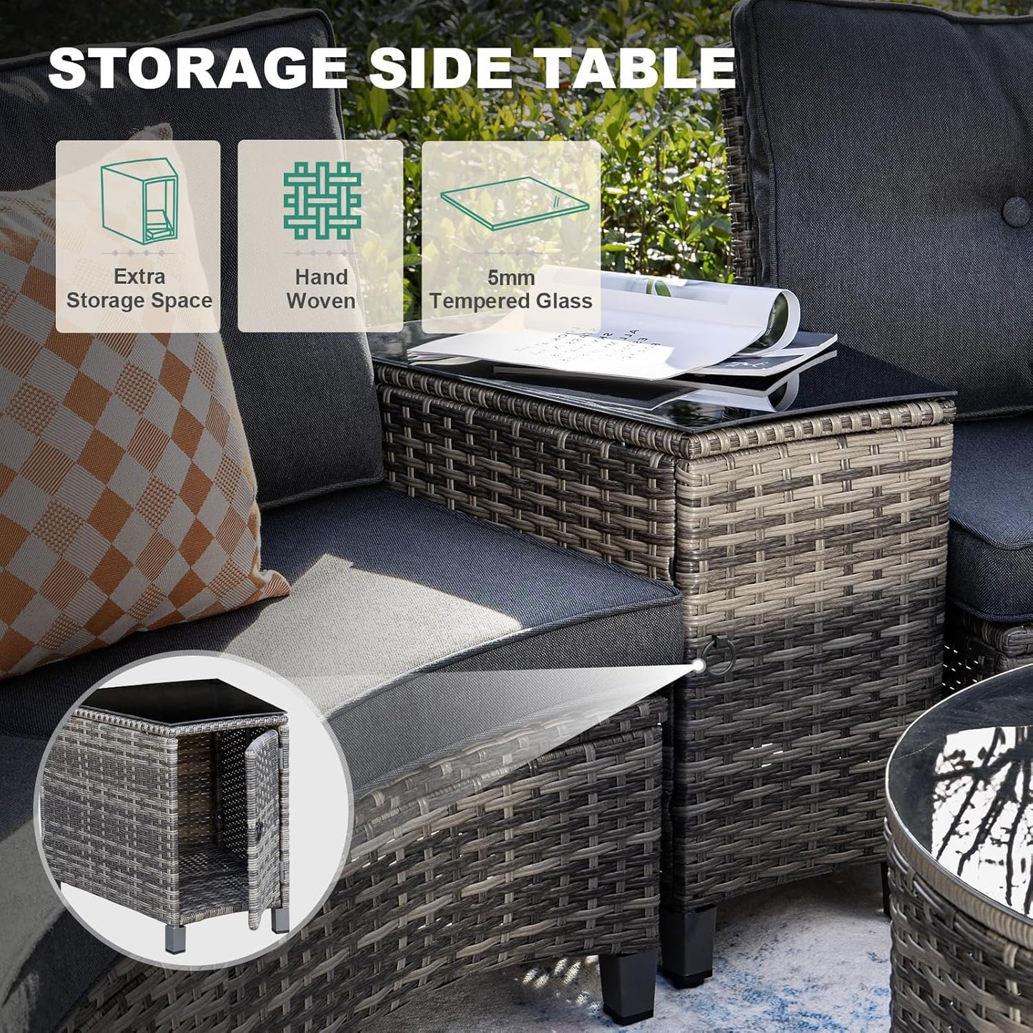 9 Piece Outdoor Patio Furniture Set, Half-Moon Curved Sectional Sofa Rattan Conversation Set with 2 Wood Armrests Swivel Rocker Chairs, Round Coffee Table & Side Table（Grey）