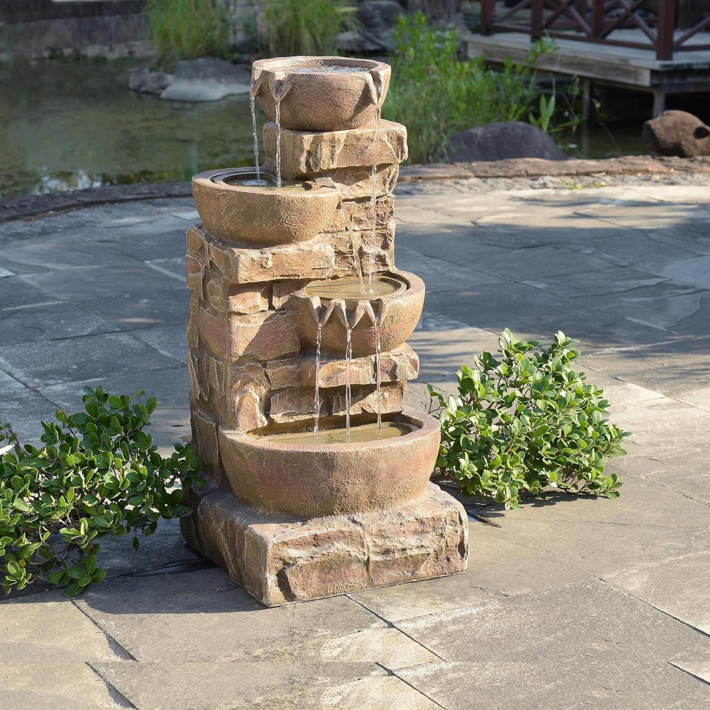 Teamson Home 33.27" Outdoor Freestanding Water Fountain with LED Lights, Cascading Bowls & Stacked Stones, Floor Fountain for Patio, Garden, Balcony, Lawn, Yard Decor, Brown Polyresin