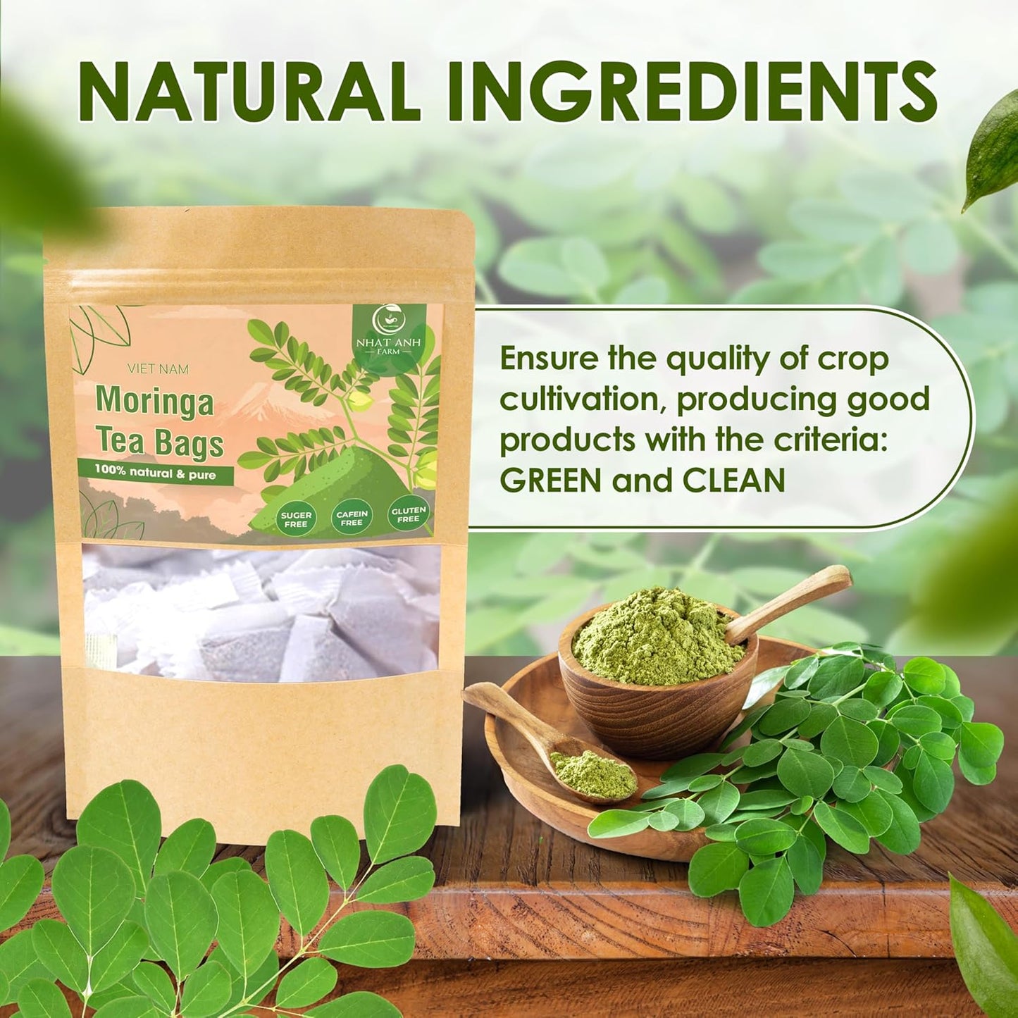 NHAT ANH FARM - Premium Moringa Tea Bags, 40 Tea Bags, 100% Natural Dried Moringa Leaves, Naturally Sweet Herbal Tea, Sugar-Free, Caffeine-Free, No Additives