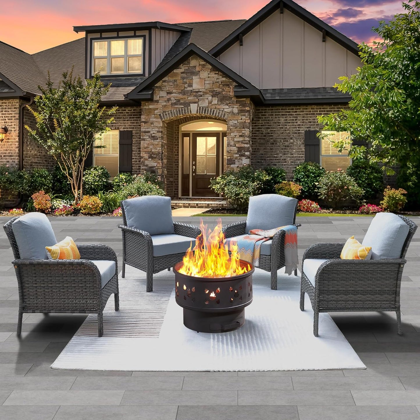 ovios 4 Pieces Patio Furniture Set with 25" Fire Pit, Outdoor Wicker Chairs of 4, All Weather High Back Rattan Chairs 4-Seater with Comfy Cushions, Grey