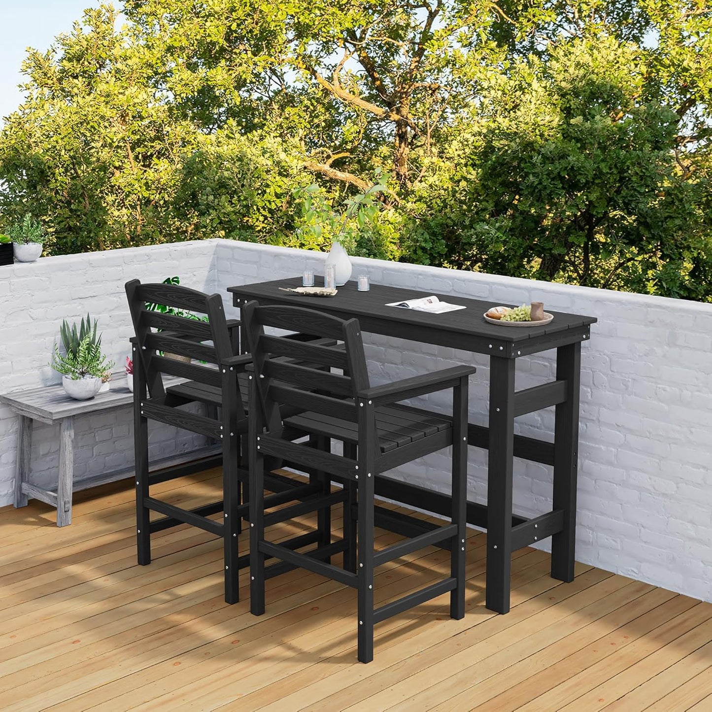 SERWALL Outdoor Bar Table and Chairs Set, Adirondack Bar Chairs Set of 2 and Bar Height Table, All Weather HDPE Outdoor Patio Bar Set, Outdoor Furniture for Outside, Poolside, Backyard, Garden, Black