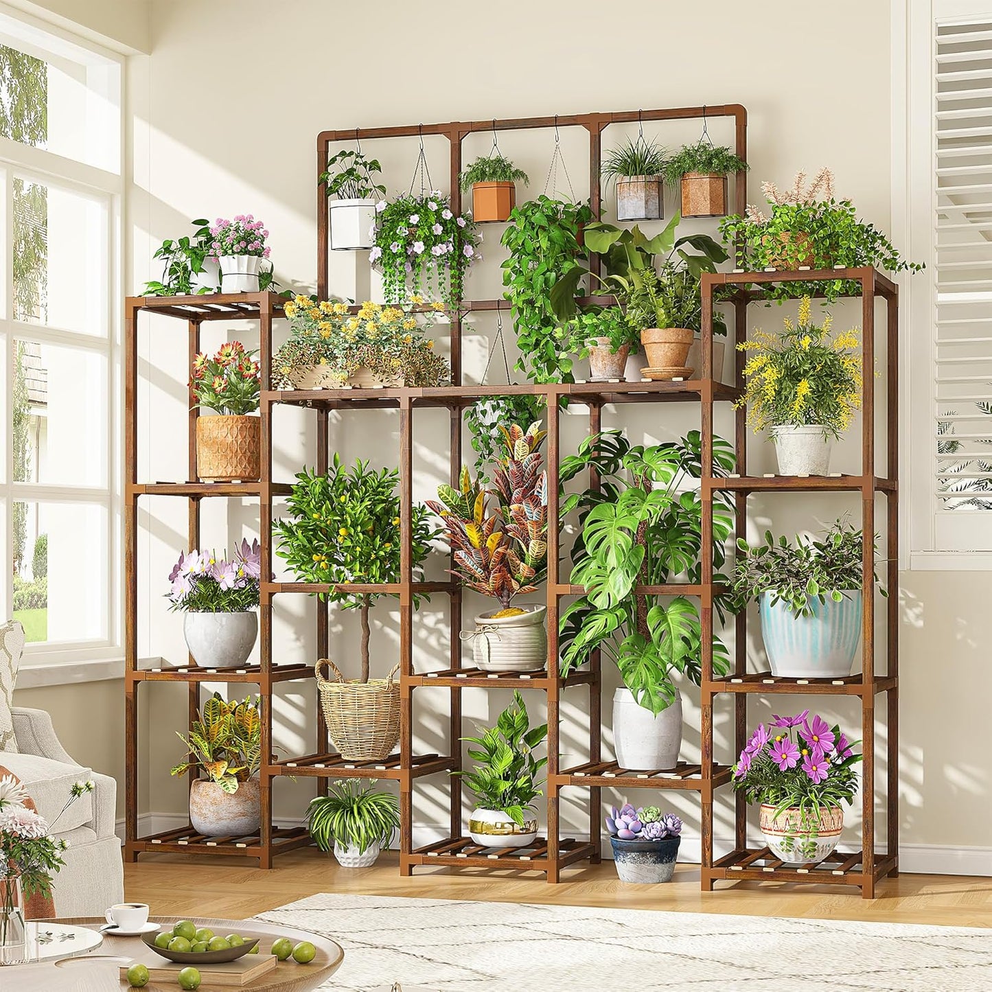 EnHomee 63''H Plant Stand Indoor Tall Plant Stands Outdoor with 7 Tiers and 14 Potted Upgrade Wood Plants Shelves Stand for Living Room Patio Balcony Yard Garden, 11.8''D×56''W×63''H