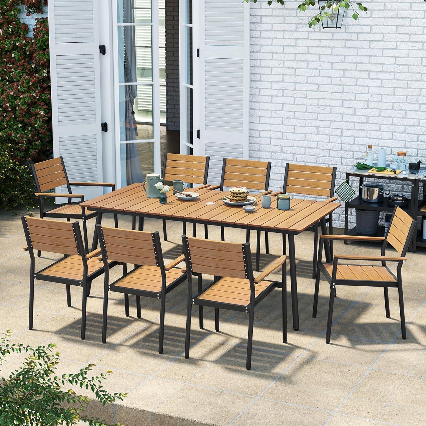 Outdoor Dining Table for 6, 70inch Patio Dining Table with Wooden-Like Top and Aluminum Frame, Rectangular Table with Umbrella Hole Outdoor Furniture, Brown
