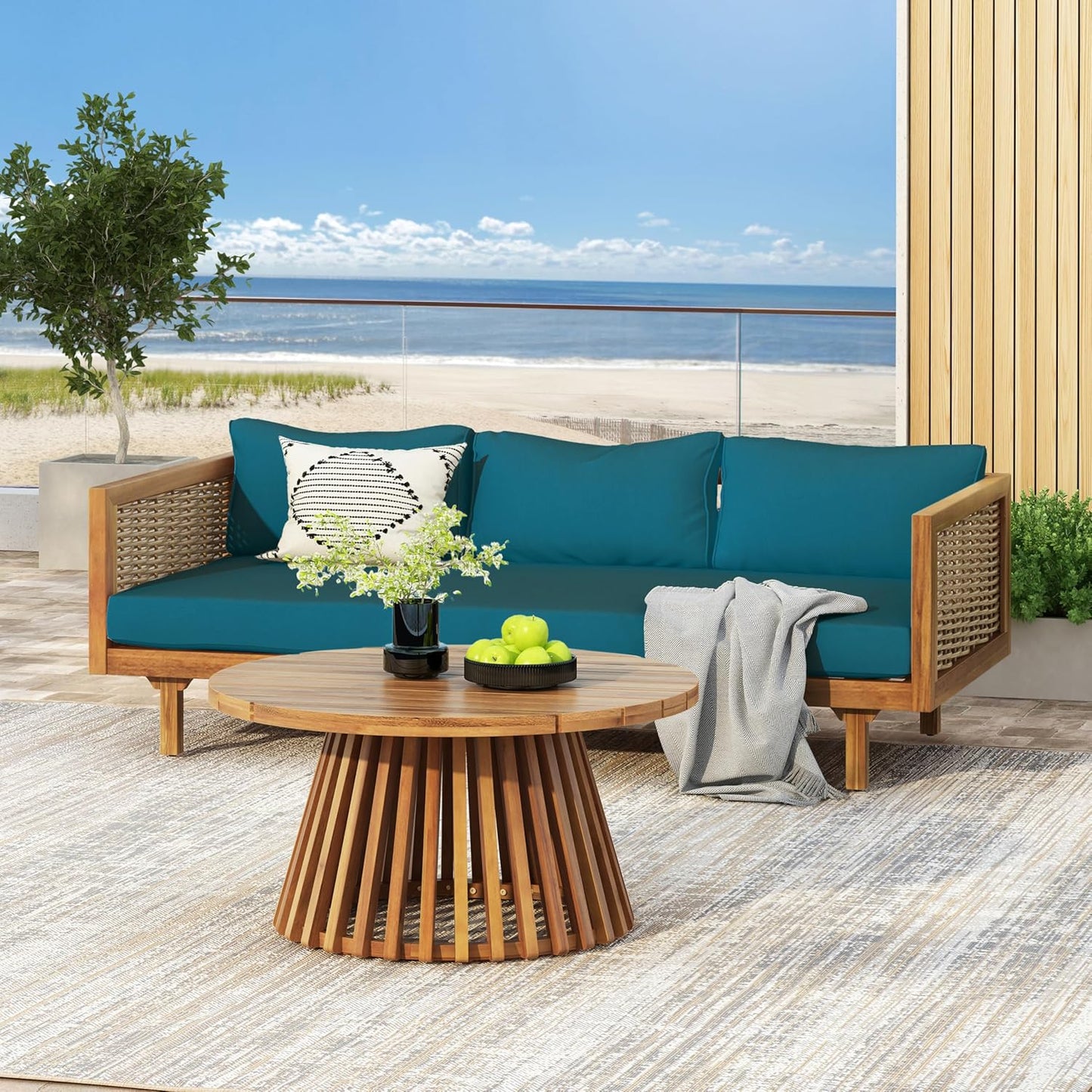 Christopher Knight Home Claremont Patio Sofa and Coffee Table Set, 2 Piece Wicker Patio Furniture Set, Acacia Wood 3 Seater Outdoor Sofa Daybed and Coffee Table Set, Teak+Dark Teal