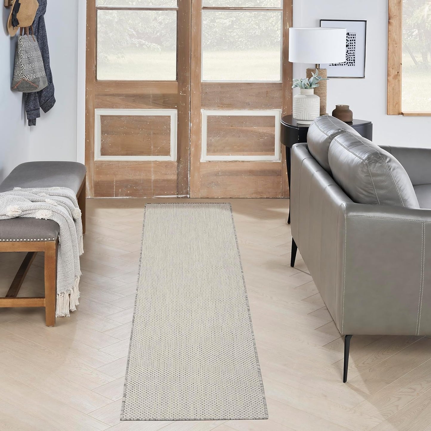 Nourison Home Courtyard Indoor/Outdoor Ivory Silver 2'2" x 16' Area Rug, Easy Cleaning, Non Shedding, Bed Room, Living Room, Dining Room, Backyard, Deck, Patio (2x16)