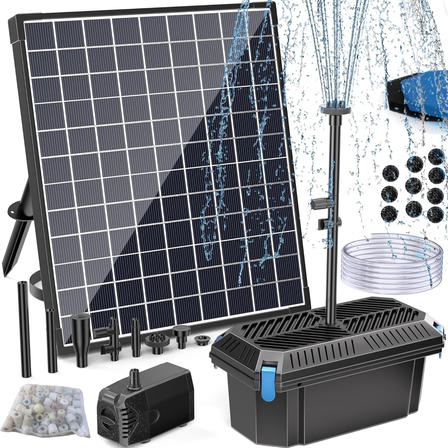 POPOSOAP Solar Water Pump with Pond Filter, 25W Solar Pond Filter with Fountain Pump Water Flow Adjustable, Pond Filter with Tubing for Outdoor Ponds Fish Tank Pool Garden Water Feature Waterfall