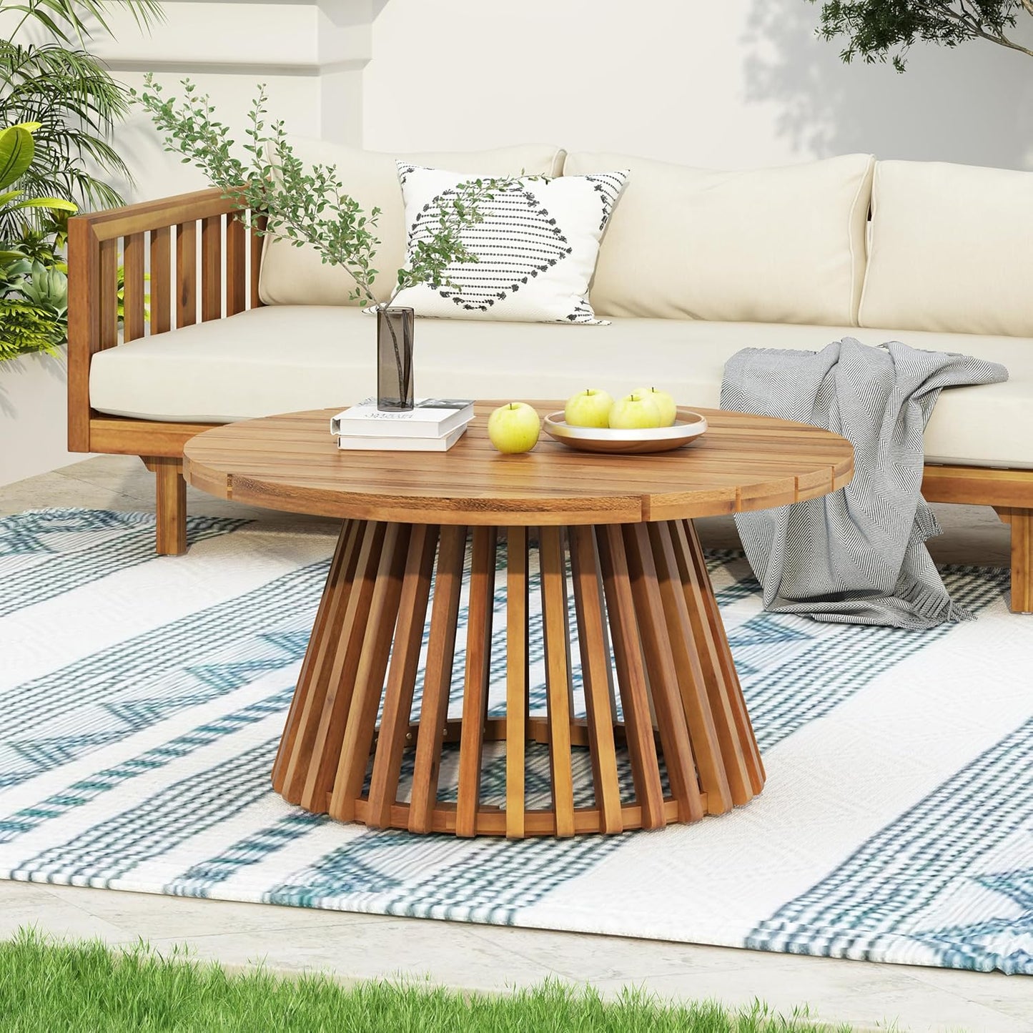 Christopher Knight Home Claremont Patio Sofa and Coffee Table Set, 2 Piece Outdoor Patio Furniture Set with Cushion, Acacia Wood 3 Seater Outdoor Sofa Daybed and Coffee Table Set, Teak+Dark Grey