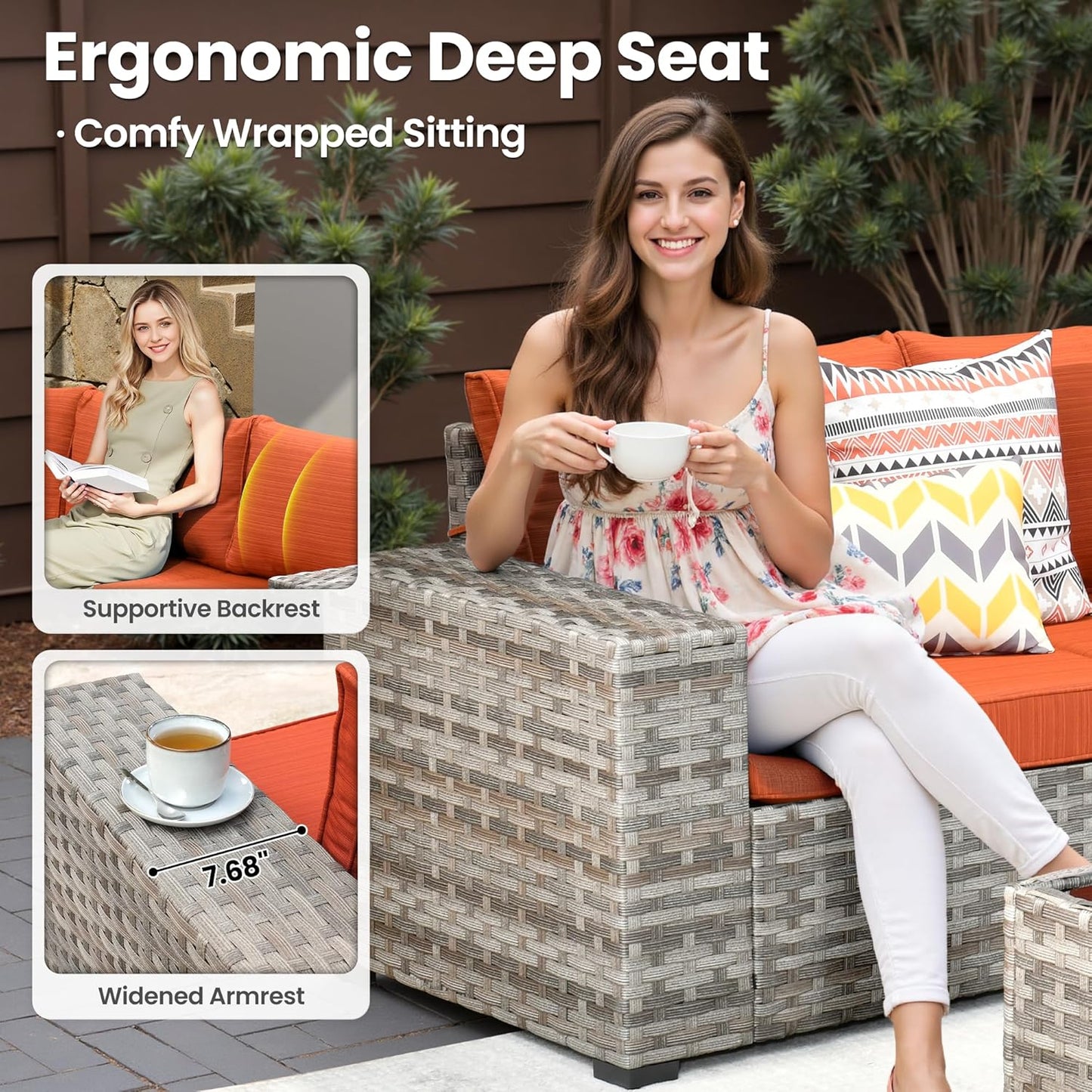 ovios 12 Pieces Patio Furniture Set, Outdoor Wicker Sectional Sofa with Glass Table Comfy Cushions, Modern Modular Deep Seat Couch Rattan Conversation Set, Orange Red