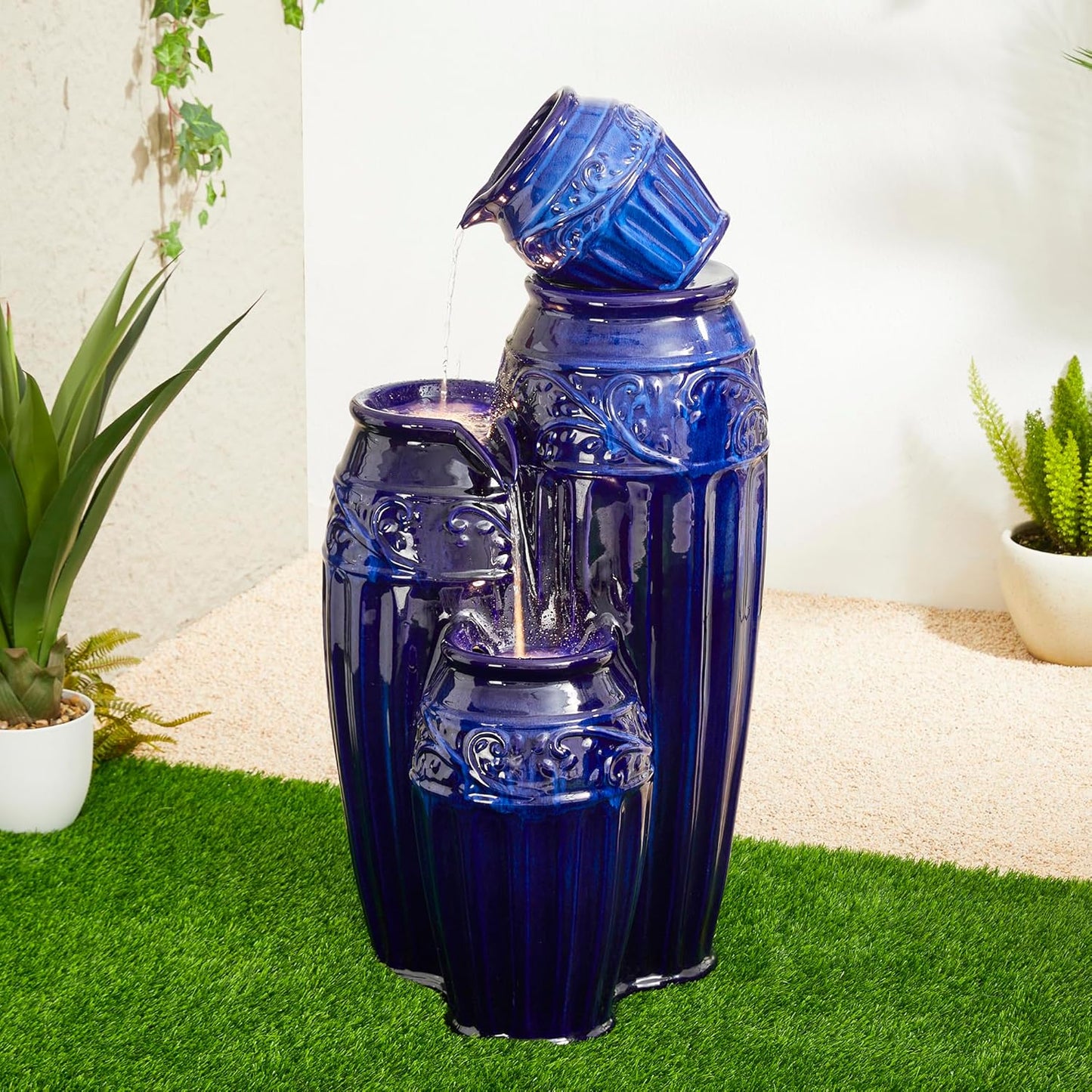 Glitzhome 35.5" H Oversized Outdoor Water Fountain with LED Lights and Pump, 4 Tier Cobalt Blue Embossed Pattern Ceramic Pots Cascading Floor Standing Fountain for Porch Deck Garden Patio Backyard