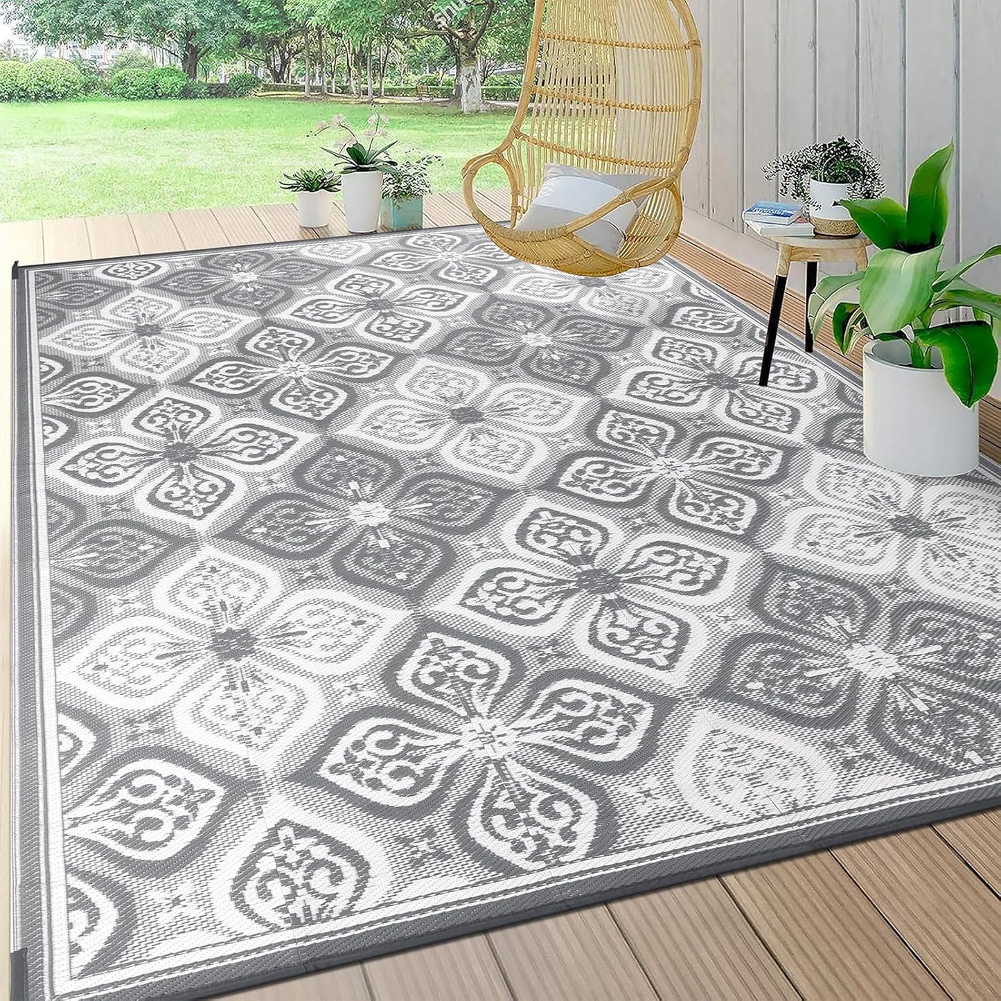 Pauwer Waterproof Outdoor Rug 9x12, Reversible Plastic Straw Patio Camping Rug, Indoor Outdoor RV Mat Carpet for Deck, Camper, Porch, Balcony, Backyard, Picnic, Clover Grey