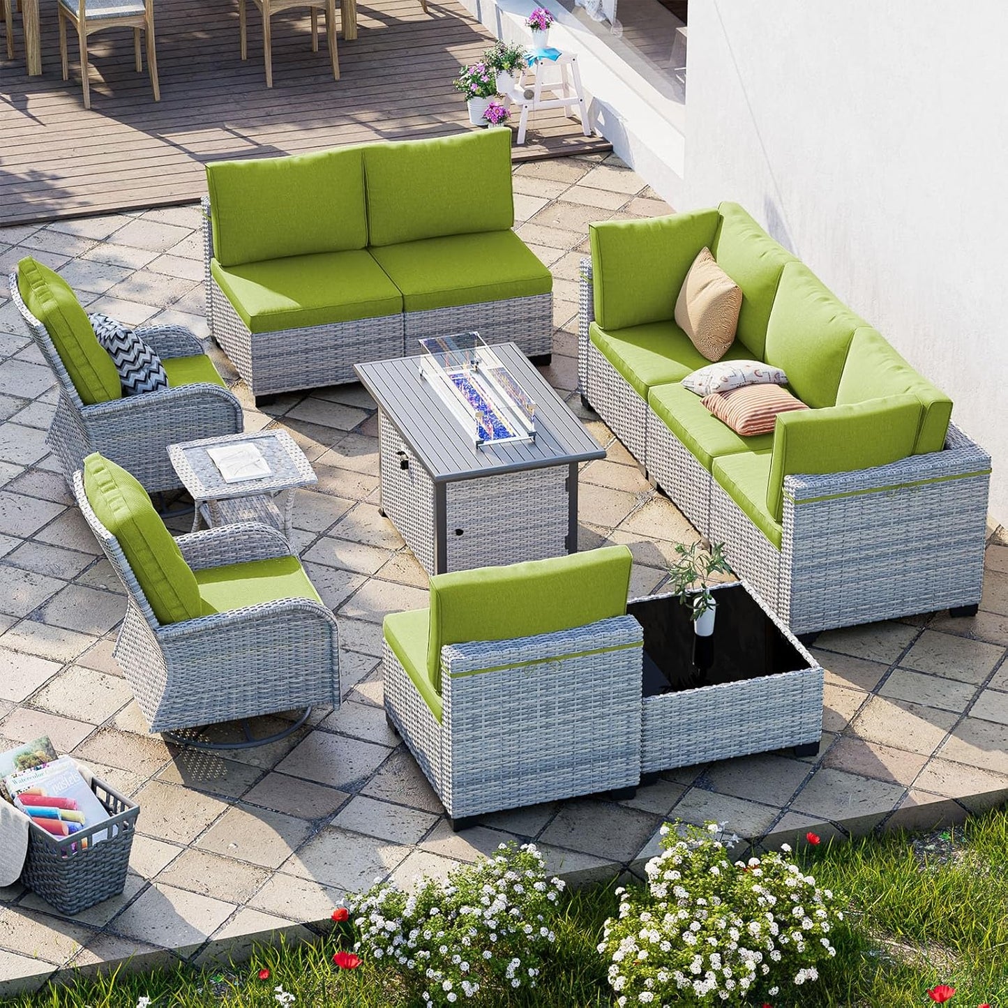11-Piece Patio Furniture Set, Outdoor Patio Furniture with 55,000 BTU Fire Pit Table, Swivel Chairs Set, Thick Cushions, Modular Patio Sofa, Dual-Strand Rattan, Rust-Resistant Frame, Grass Green