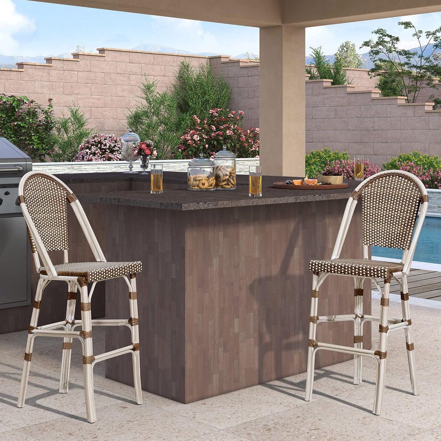 PURPLE LEAF French Bar Stool Set of 2 White Print Finish Patio Bar Stools with Back Rattan Chairs Wicker Bar Height Stool 30" with Footrest Kitchen Island Stools Outdoor Barstool Brown