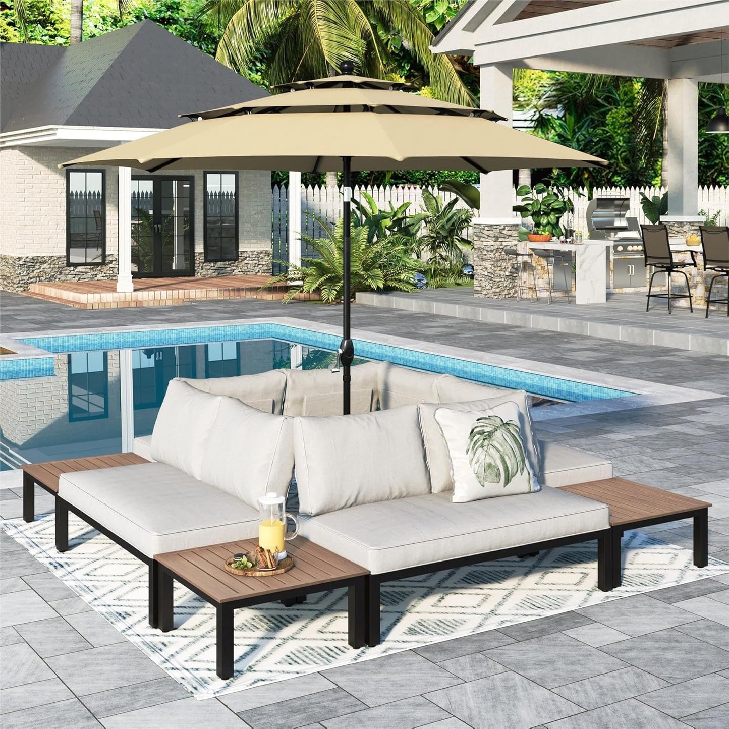 Sophia & William 9 Pieces Outdoor Patio Furniture Set with Cushions with 10ft 3 Tier Auto-tilt Umbrella(Beige), Metal Sectional Sofa Set Patio Conversation Set-4 x Loveseat Sofa, 4 x Tea Table