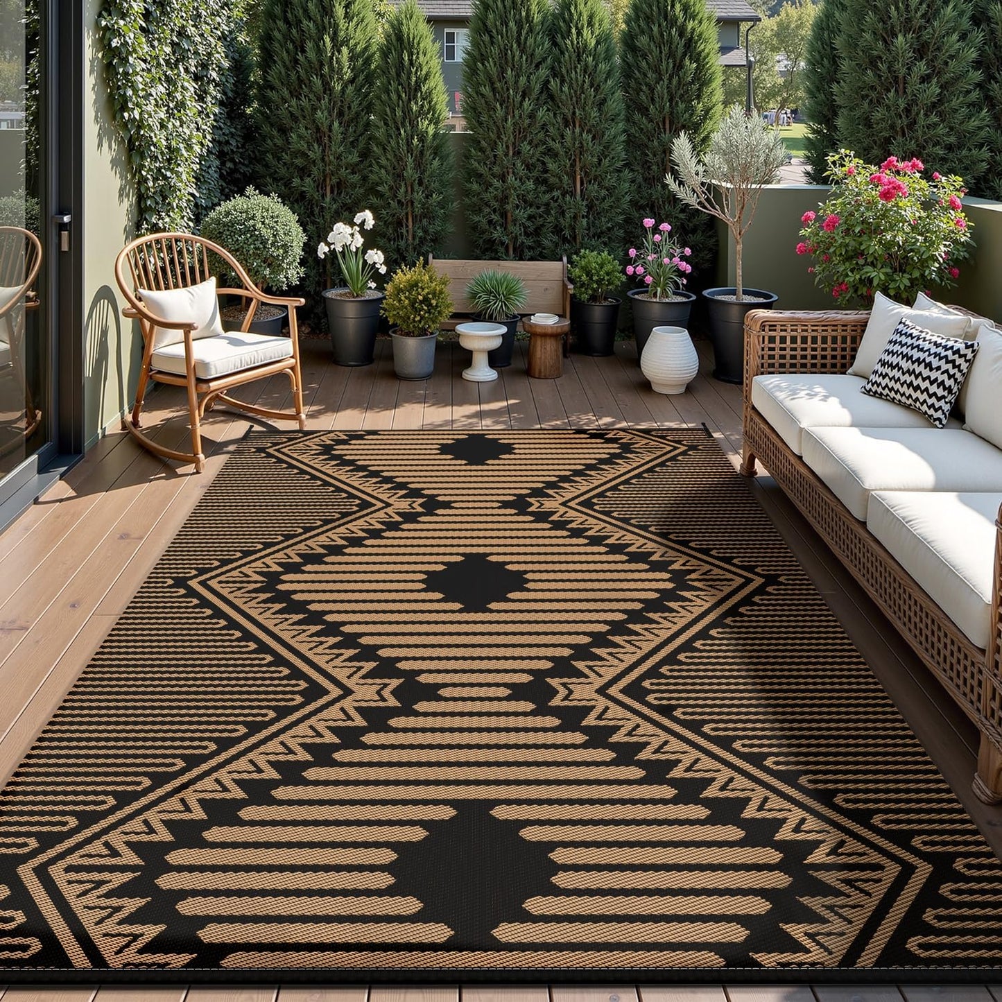 MontVoo Outdoor Rug 8x10 Waterproof Patio Rug-Outdoor Carpet Mat Reversible Plastic Straw Outside Outdoor Rug for RV Camping Picnic Balcony Backyard Pool Deck Porch Modern Boho Black Brown