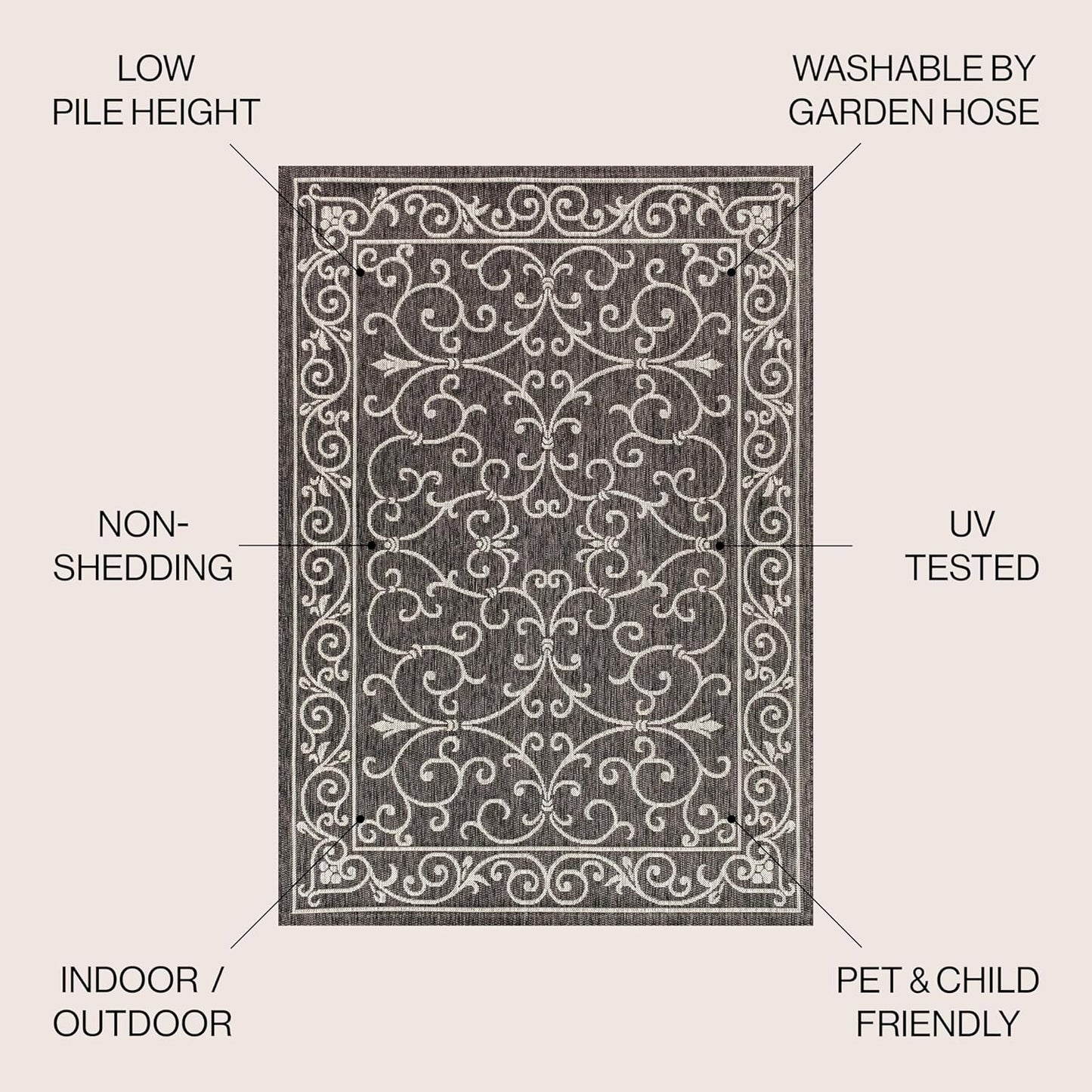 JONATHAN Y SMB106G-3 Charleston Vintage Filigree Textured Weave Indoor Outdoor Rug LivingRoom Backyard,3 X 5,Black/Gray