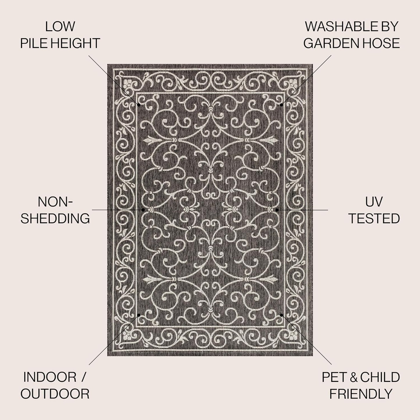 JONATHAN Y SMB106G-8 Charleston Vintage Filigree Textured Weave Indoor Outdoor Area Rug Classic Coastal Easy Cleaning Bedroom Kitchen Backyard Patio Non Shedding, 8 X 10, Black/Gray