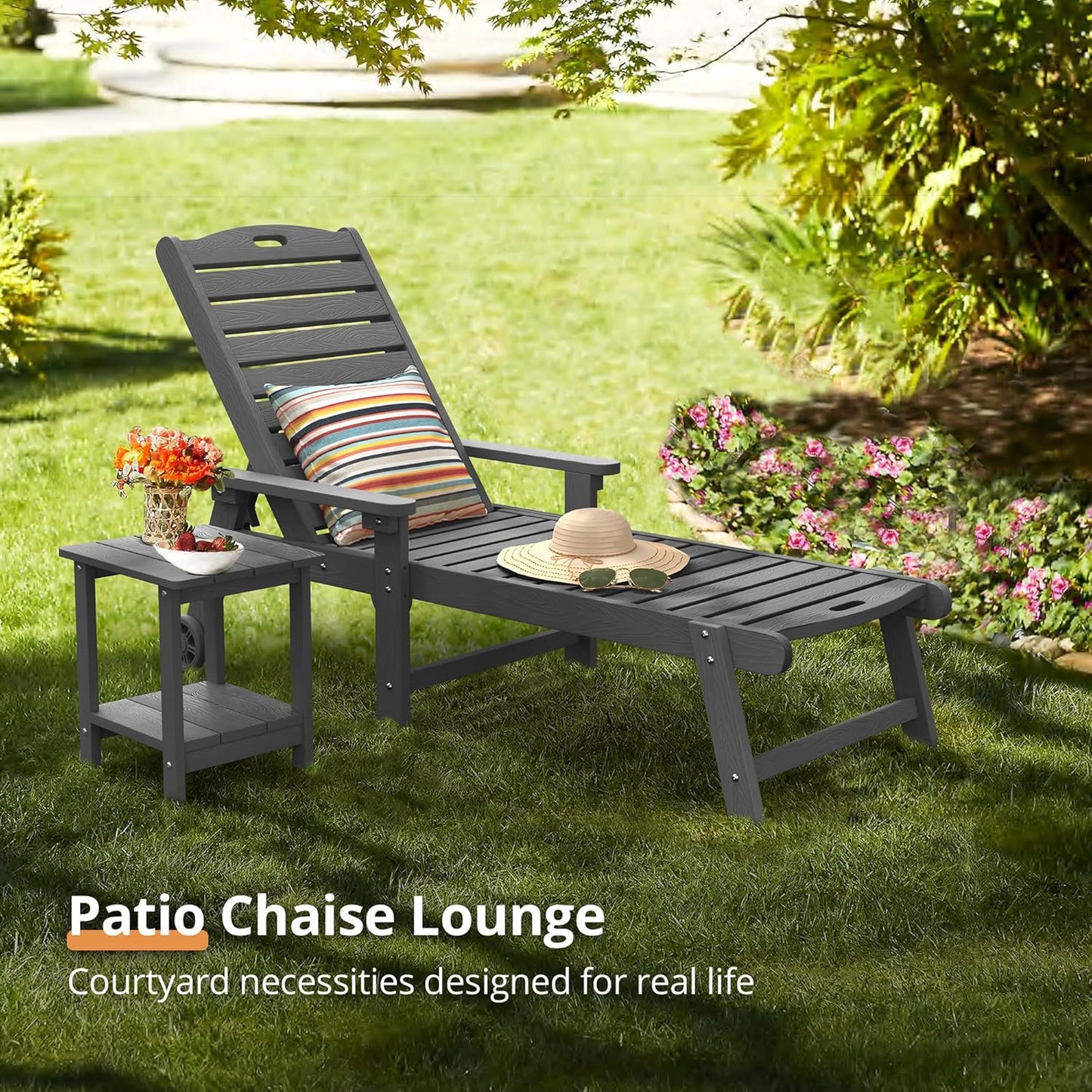 LUE BONA Chaise Lounge Chairs Set with Table, 3-Piece, 79'' Oversized HDPS Chaise Lounger, 5 Positions Adjustable Lounge Chairs, Pool Lounge Chair with Wheels for Poolside, 3 Year Warranty, Dark Gray